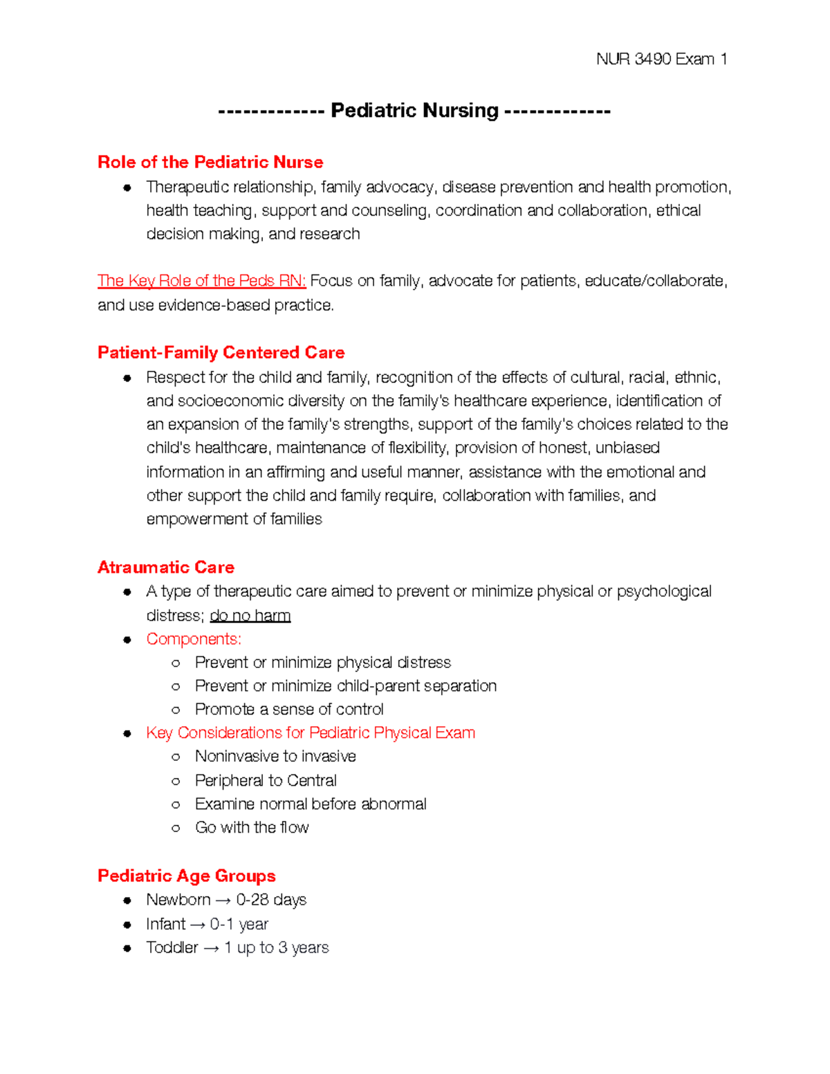 NUR 3490 Exam 1 Review: Key Concepts in Pediatric Nursing - Studocu