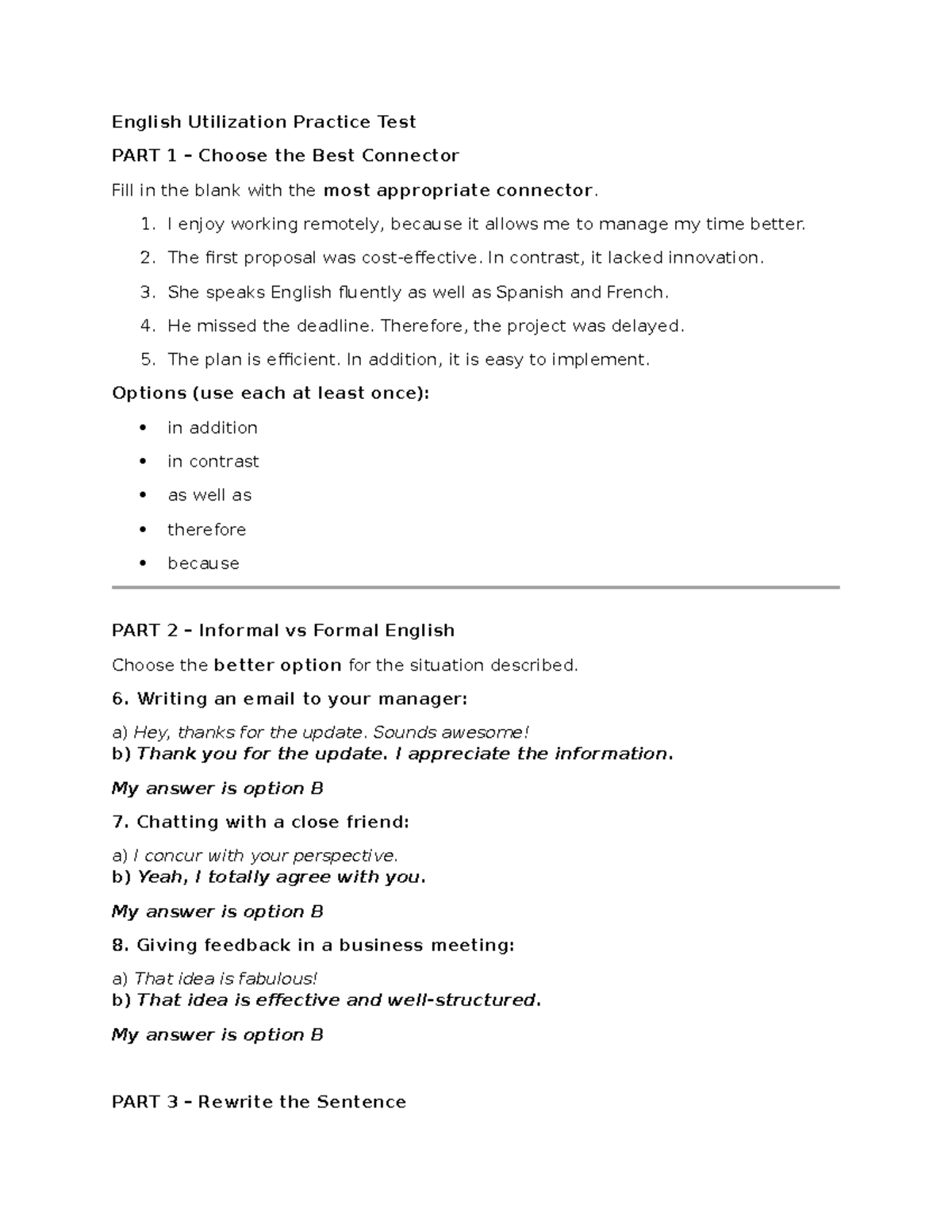 English Utilization Practice Test: Connectors and Formal Language ...