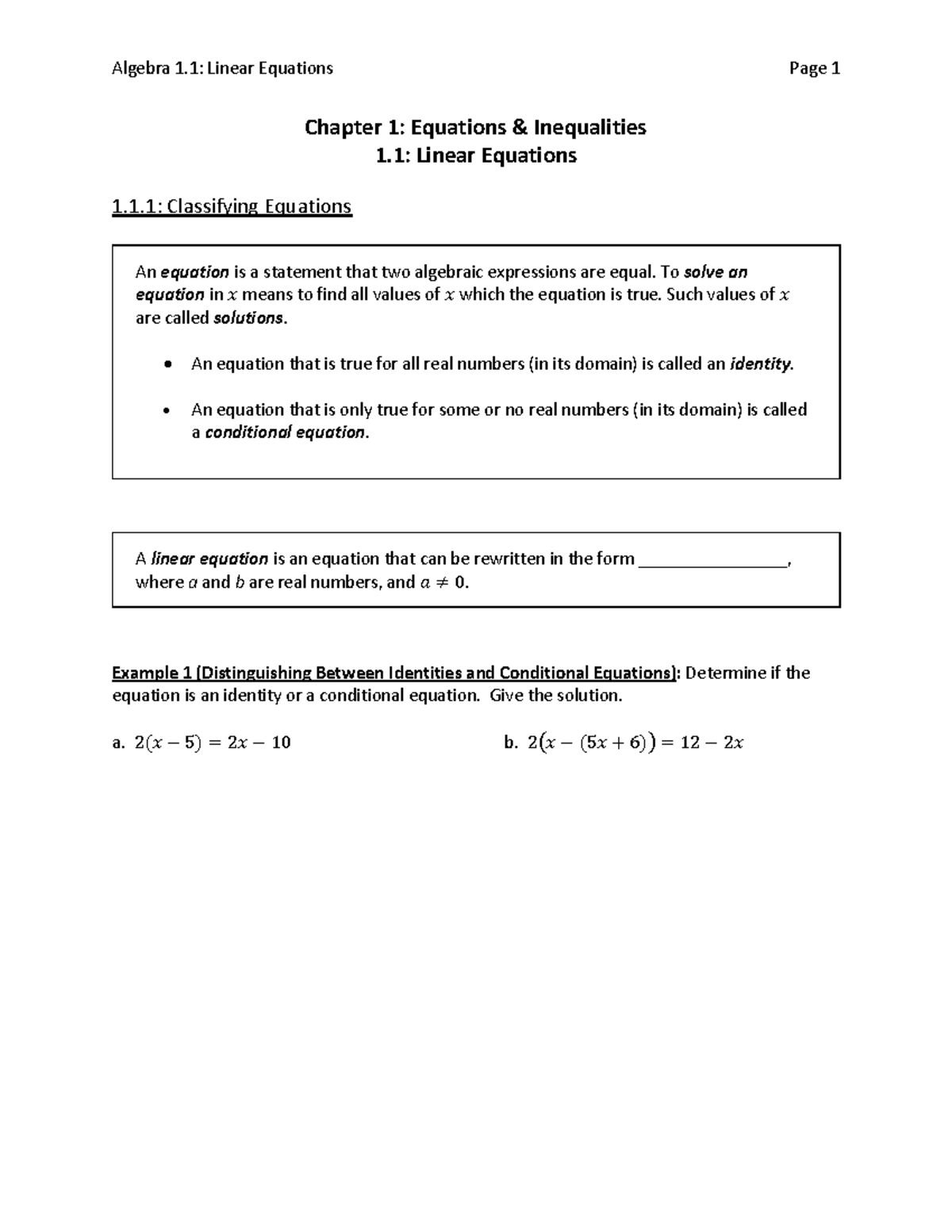 Algebra 1.1: Linear Equations & Modeling - Chapter 1 Overview - Studocu