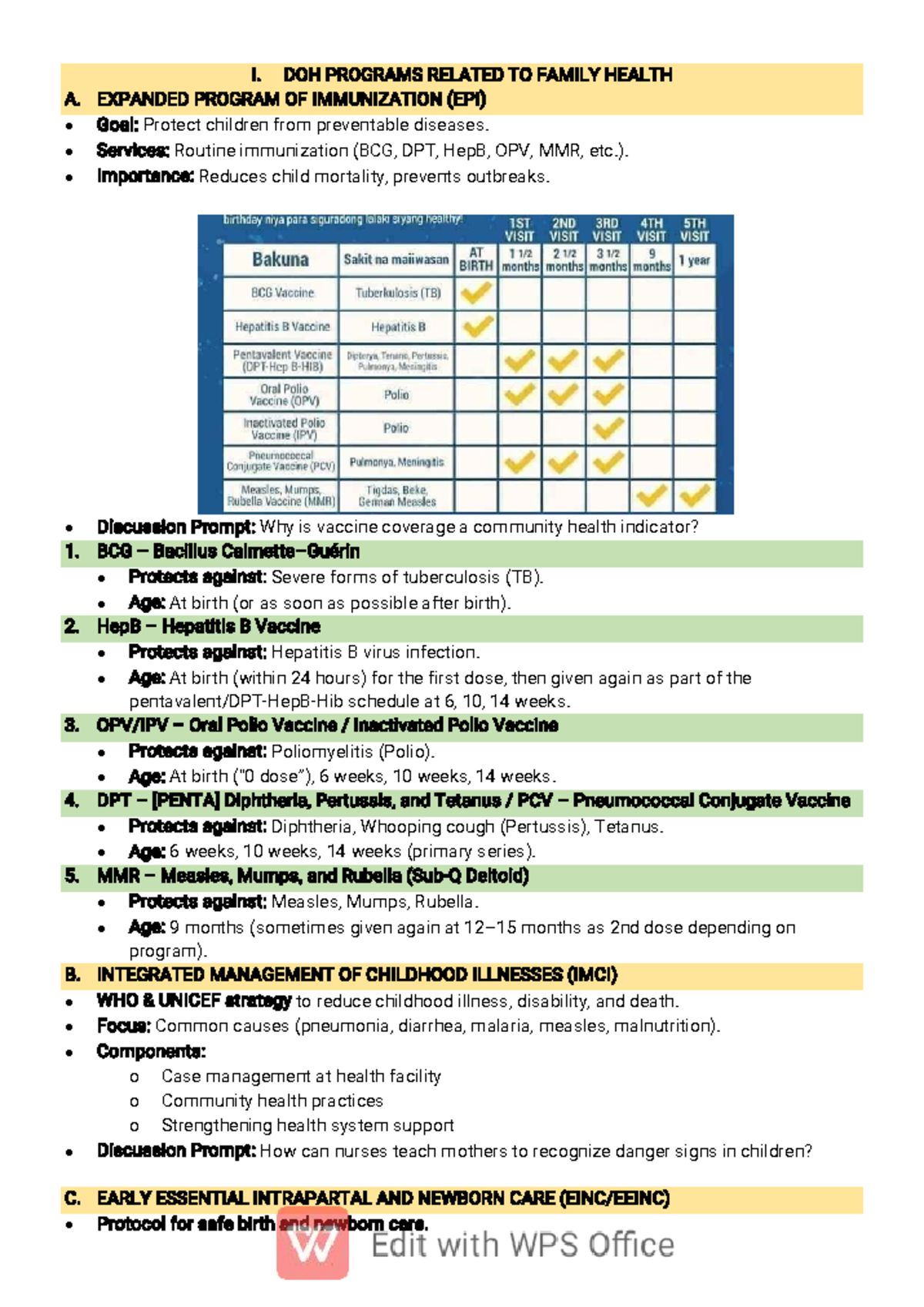 CHN Lecture: Family Health & Immunization Programs (Weeks 8-10) - Studocu