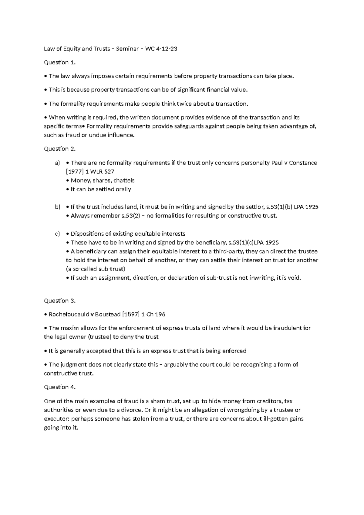 Law of Equity and Trusts Seminar WC Q1-4 Analysis and Insights - Studocu