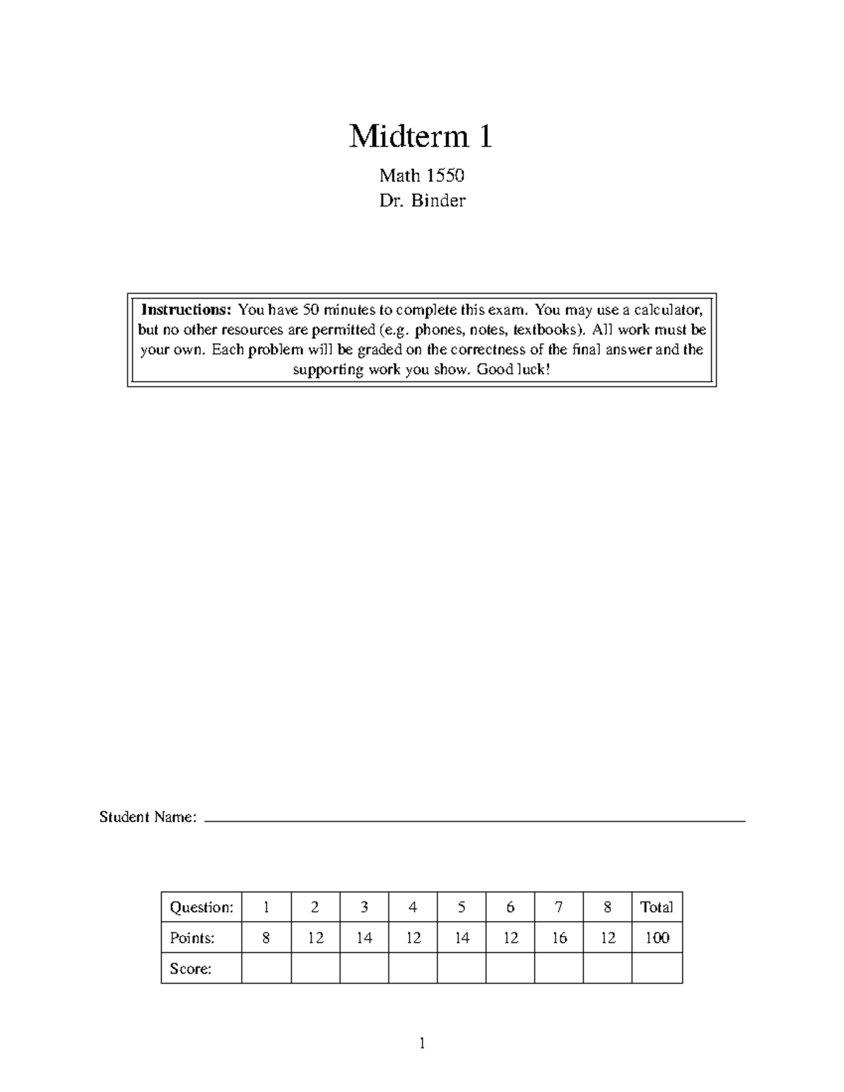Midterm Exam 1 Math 1550 - Instructions and Questions - Studocu