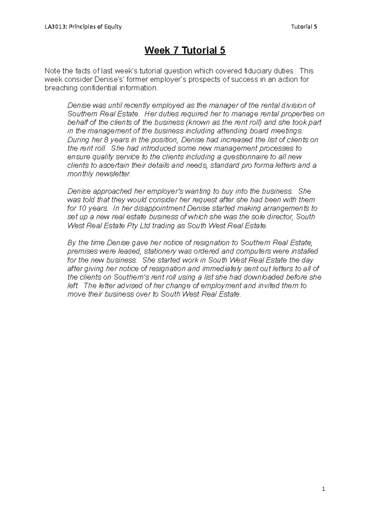 LA3013: Principles of Equity Tutorial 5 - Week 7 Analysis of ...