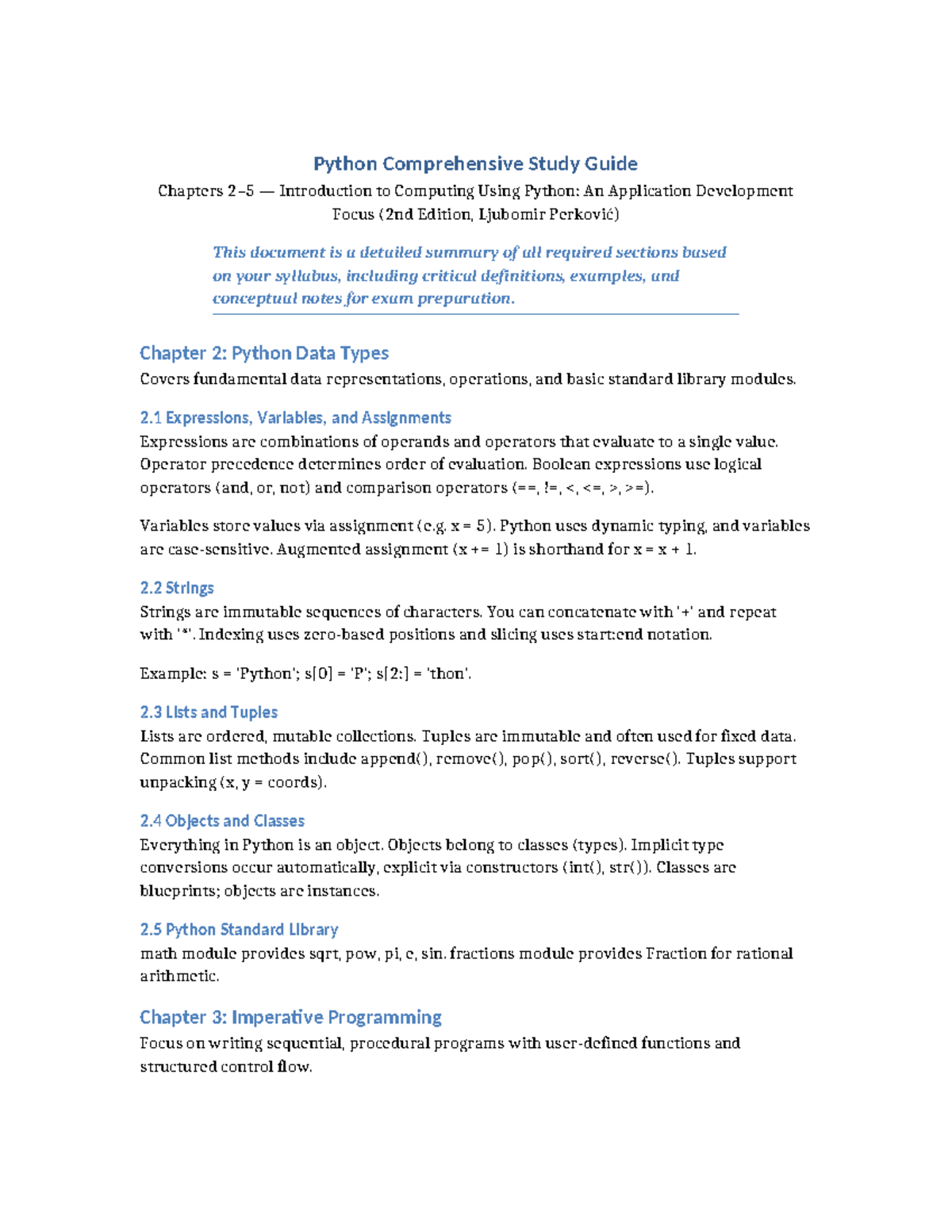 Python Study Guide (CS101): Chapters 2-5 Overview and Key Concepts ...