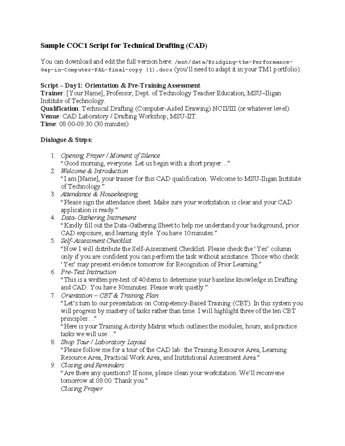 Sample COC1 Script for CAD Technical Drafting Orientation - Studocu