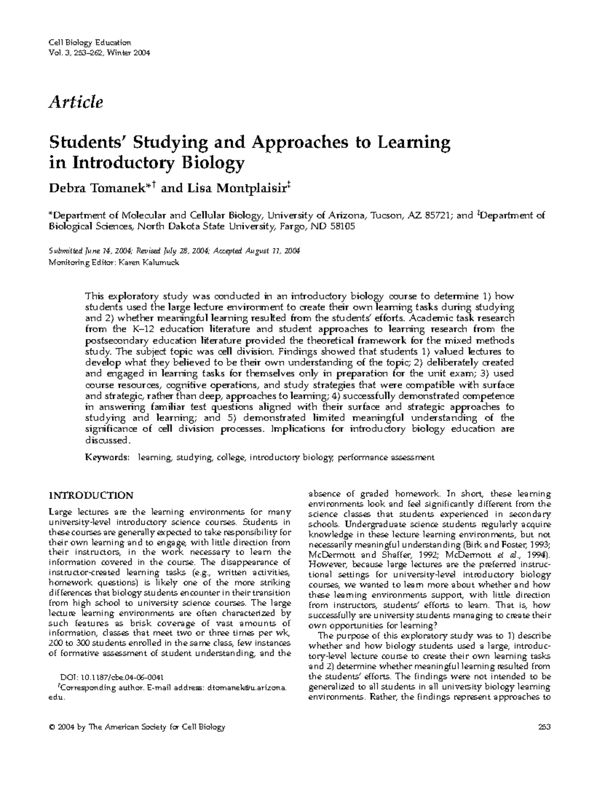 Studying and Learning Approaches in Introductory Biology (MCB 101 ...