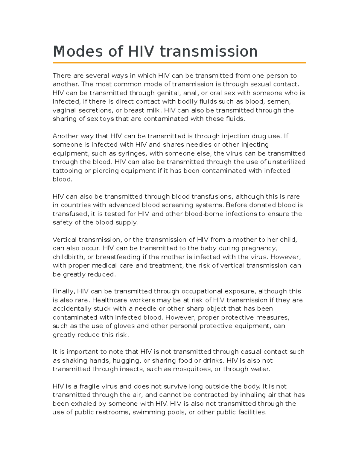 HIV Transmission Modes: Understanding Key Risk Factors and Prevention -  Studocu