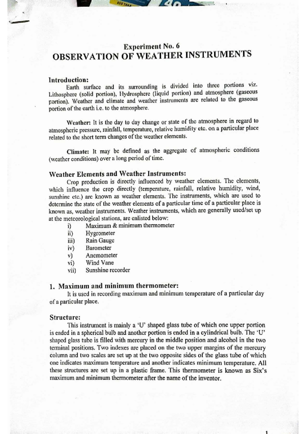 Agro Expt No. 6: Observation of Weather Instruments and Their ...