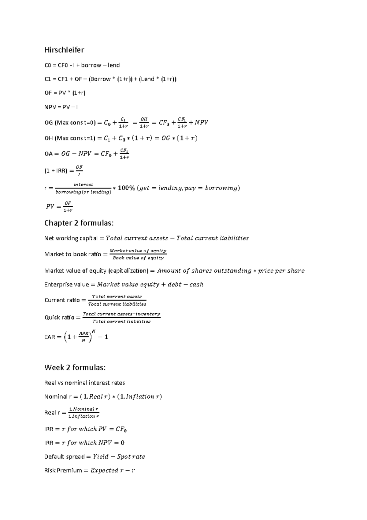 Finance Formulas Summary - Chapter 2 & Week 2 (C0, C1, NPV) - Studeersnel