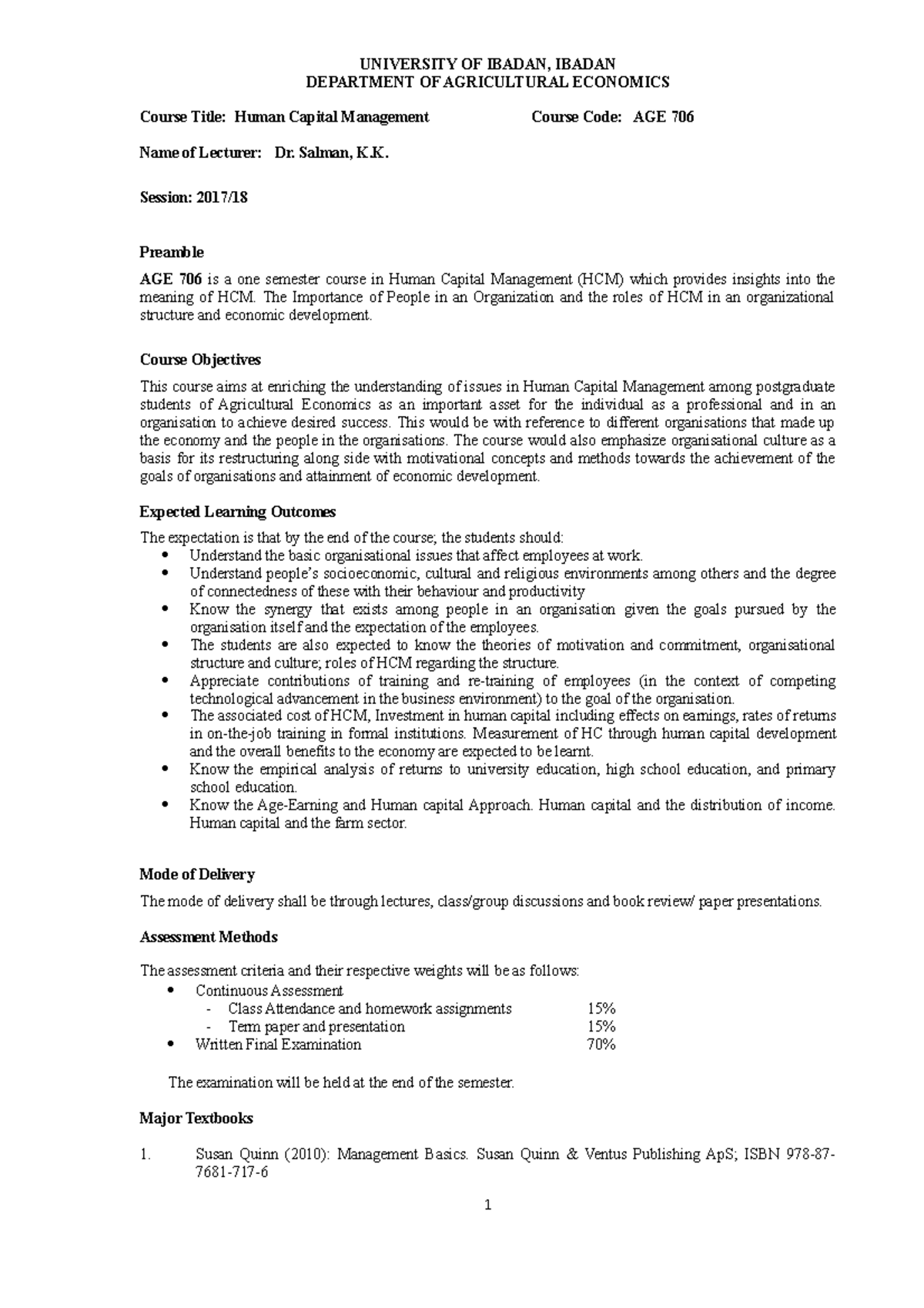 Course Outline: Human Capital Management - AGE 706 at UI - Studocu