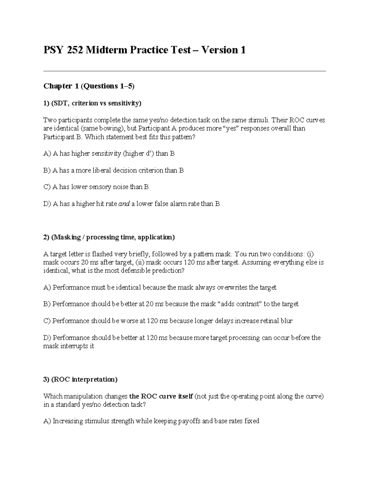 PSY 252 Midterm 1 Practice Test Version 1: Key Concepts and Questions ...