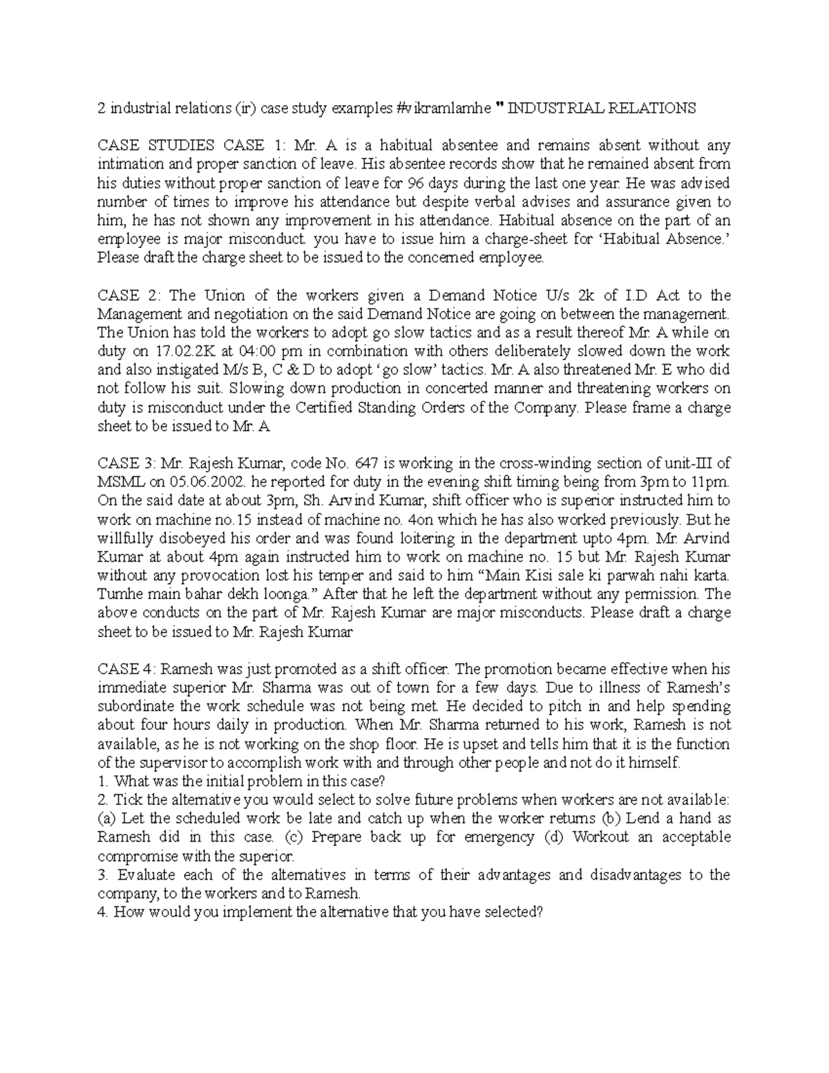 IR Case Study - Analysis of Employee Misconduct & Charge Sheets - Studocu
