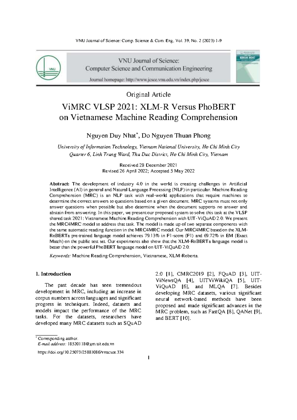 VLSP 2021: MRC4MRC Model for Vietnamese Machine Reading Comprehension ...