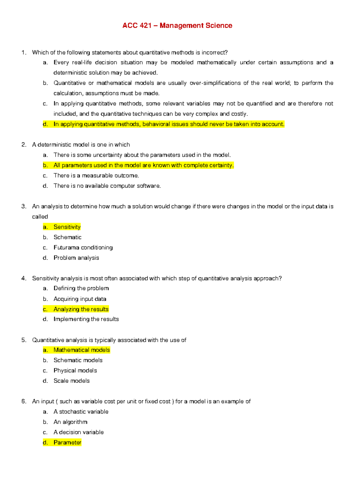 ACC 421 Management Science: Quantitative Methods Overview - Studocu