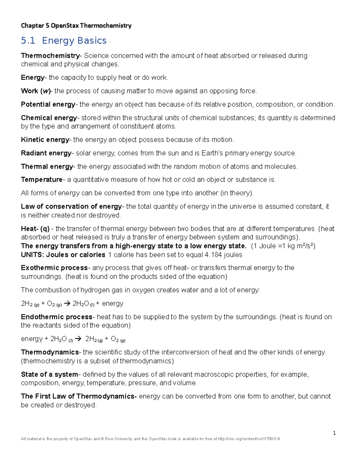Chapter 5 Open Stax Thermochemistry - Energy- the capacity to supply ...