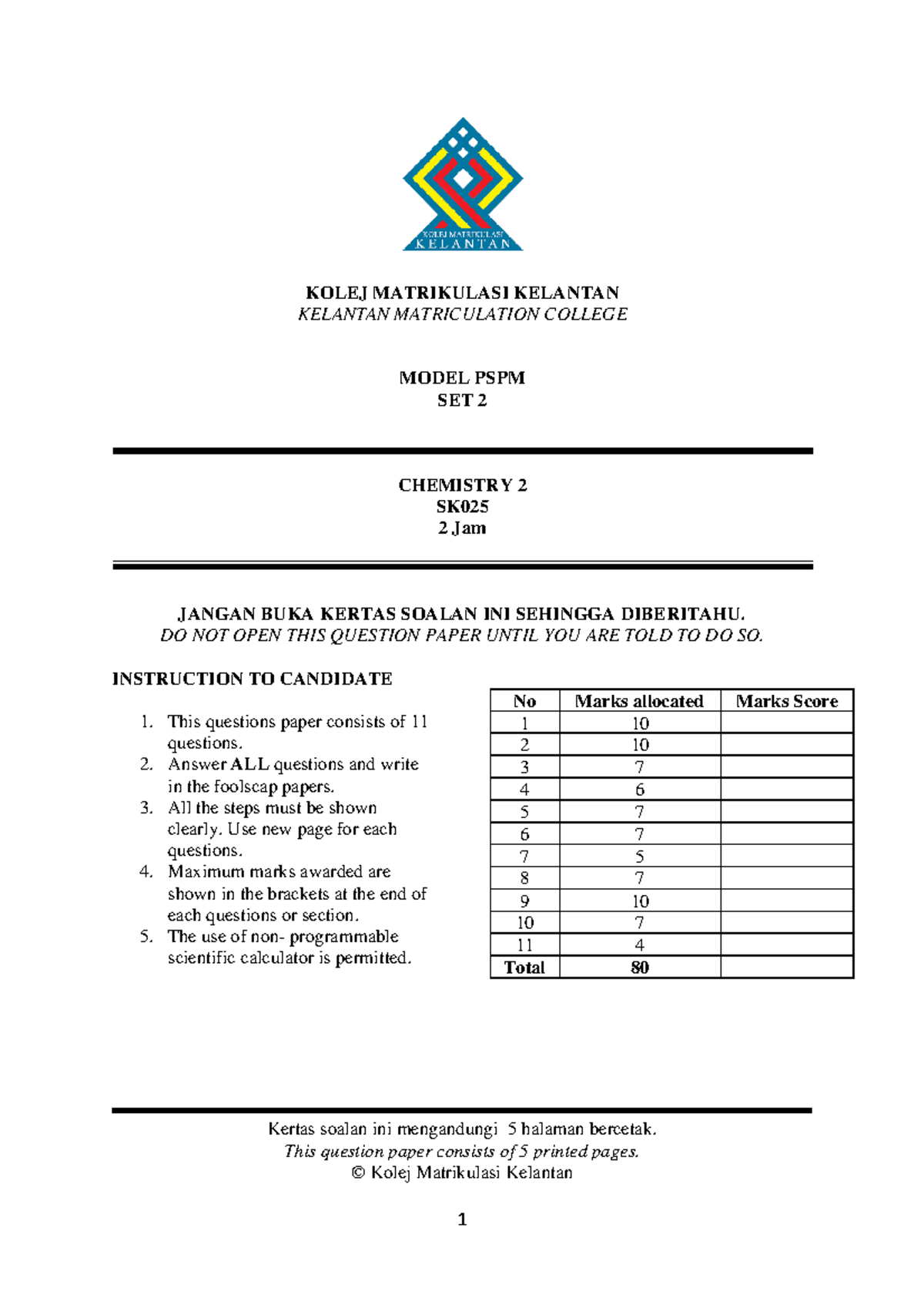 Model PSPM Set 2 Chemistry 2 SK025 Session 2022-23 Exam Paper - Studocu