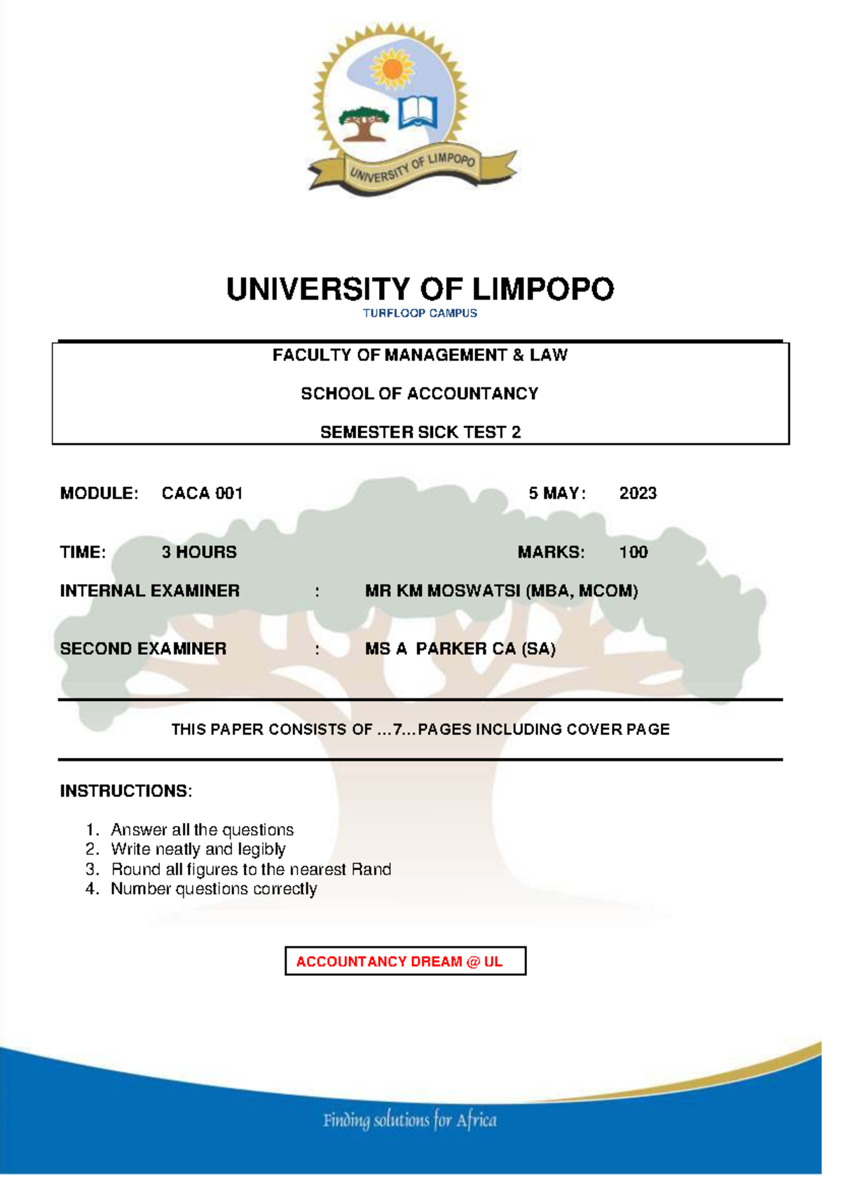 CACA 001 Sick Test 2 Question Paper - 2023 - Studocu
