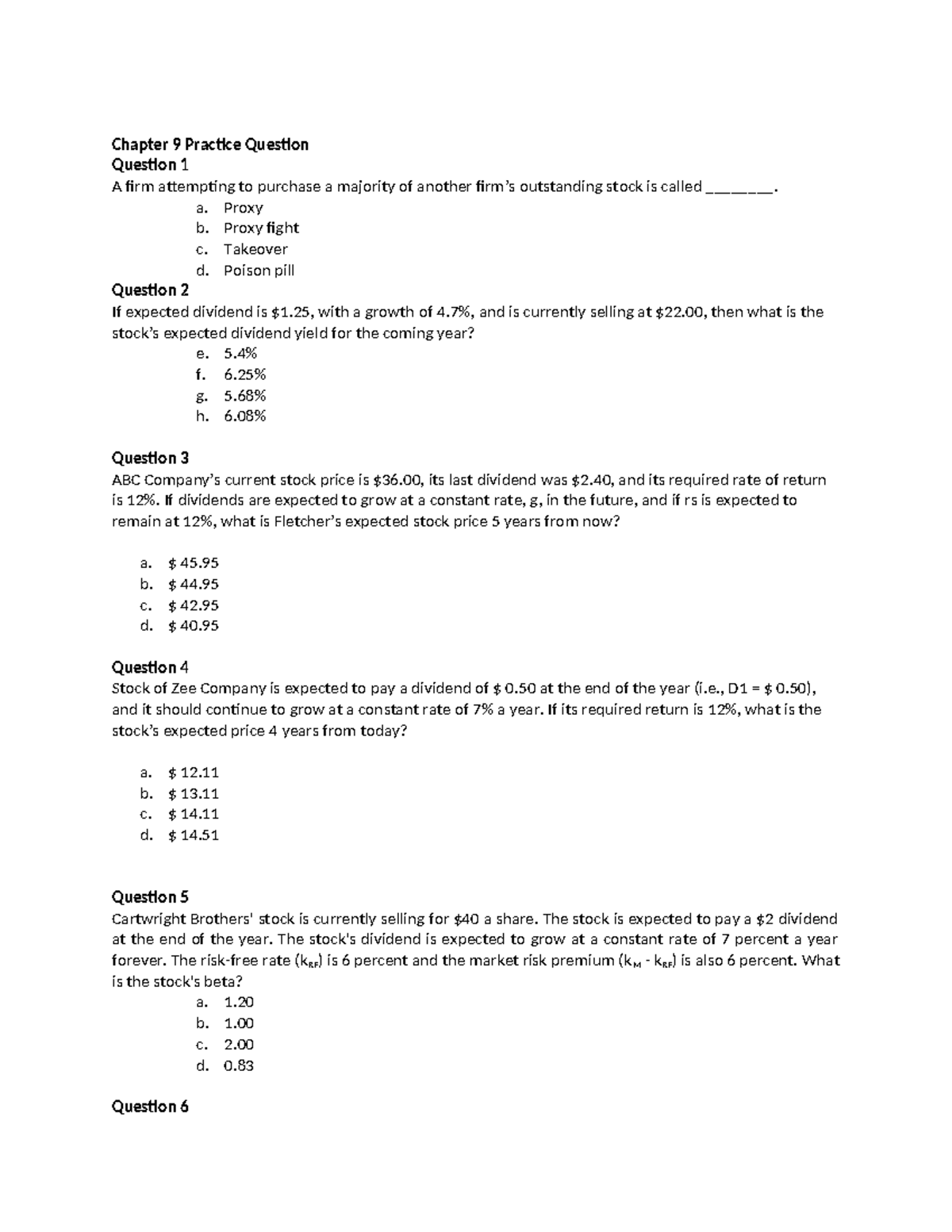 Chapter 9 Practice Questions for Finance (FIN 101) - Studocu