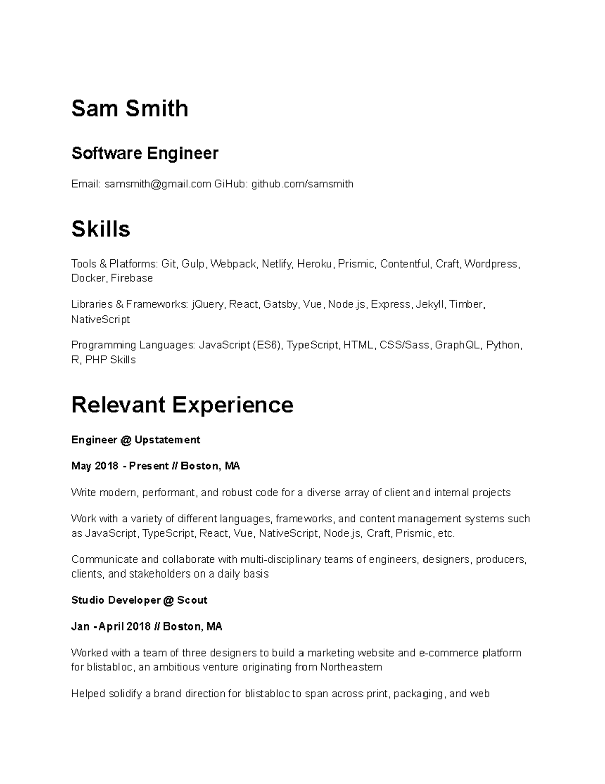 Resume Sam Smith - Hay - Sam Smith Software Engineer Email: samsmith ...