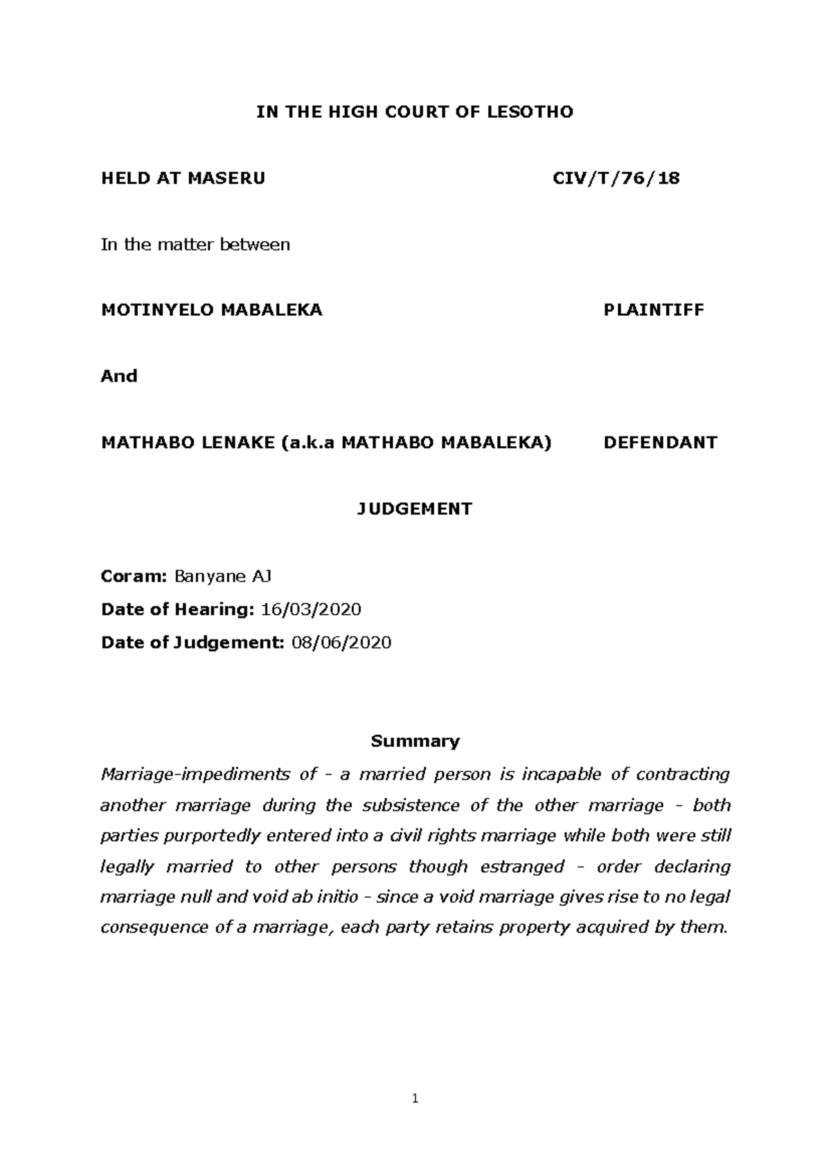 2020-LSHC-12 - Summary of Marriage Nullity Case: Mabaheka v Lenake ...