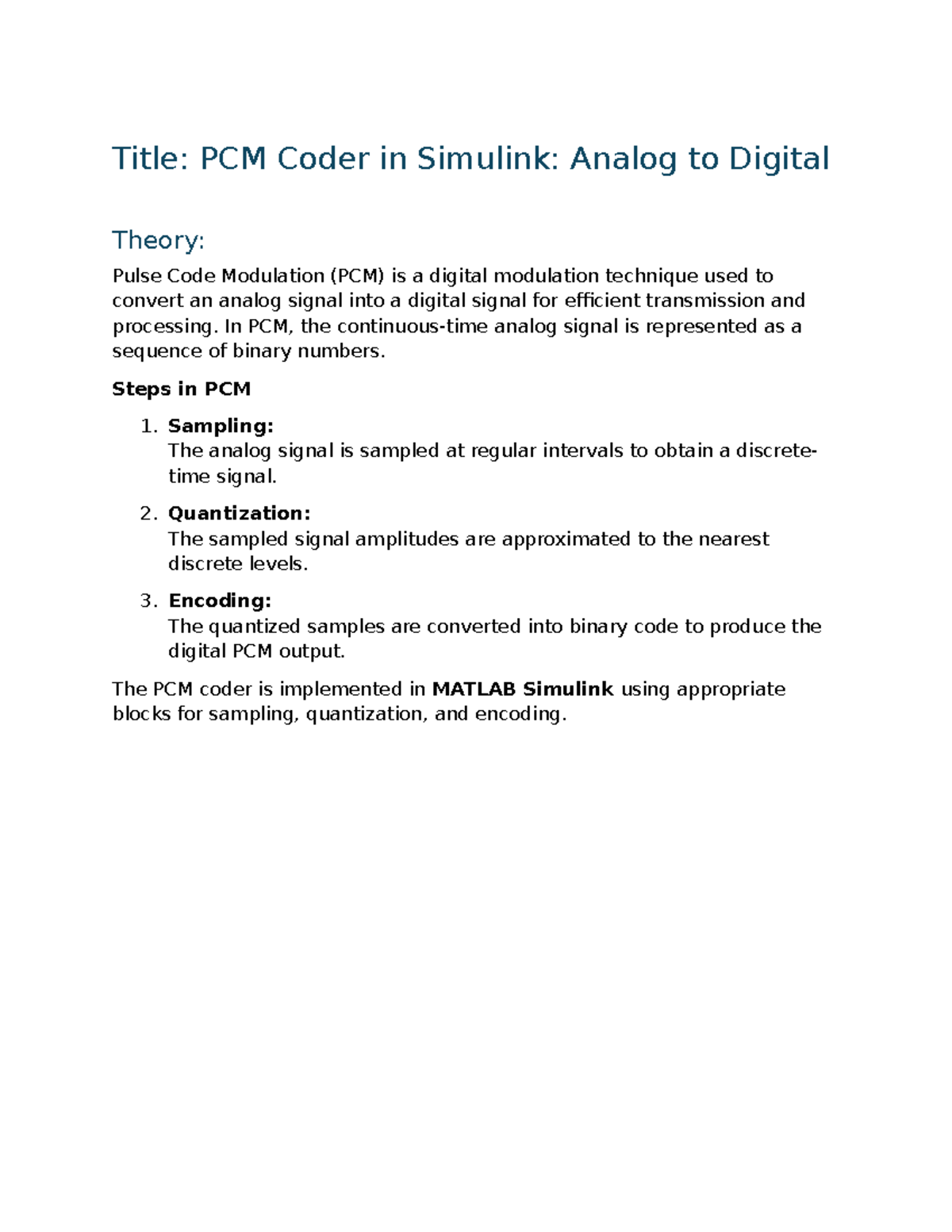 PCM Coder Implementation in Simulink: A MATLAB Guide - Studocu