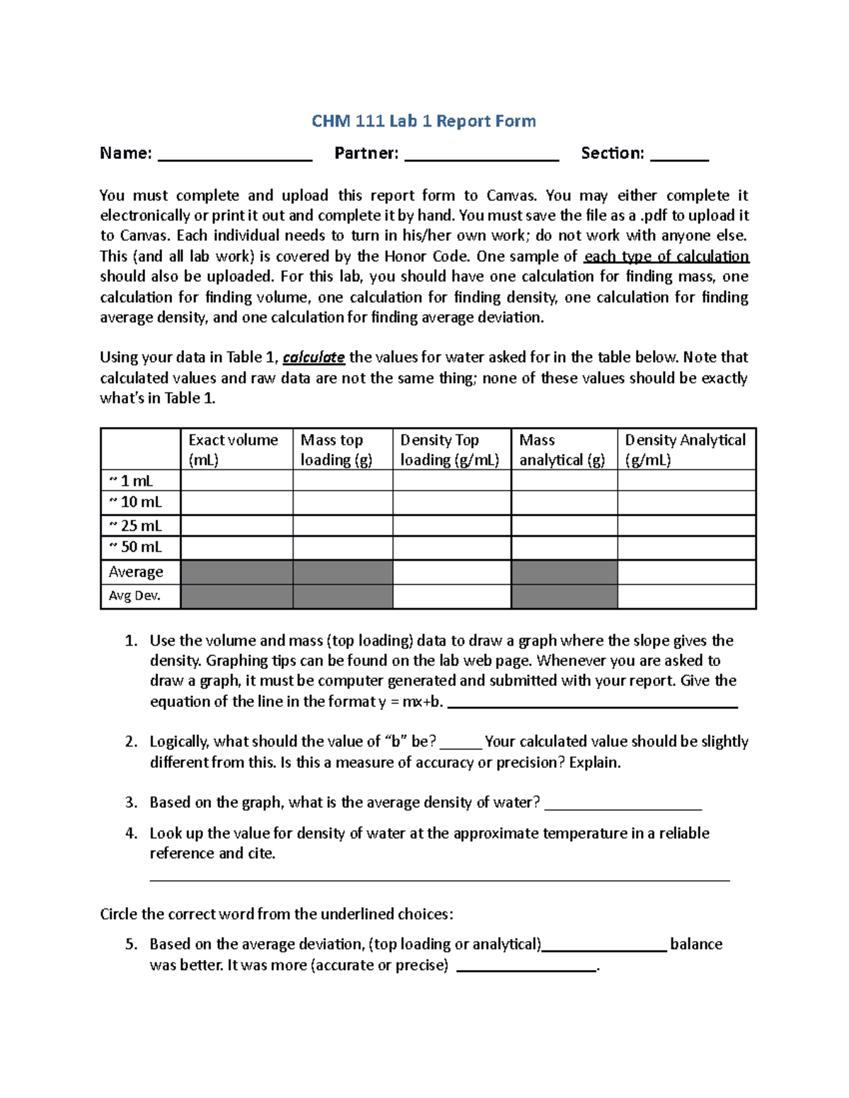 111Lab1F17RF-1 - Lab 1 - CHM 111 Lab 1 Report Form Name ...