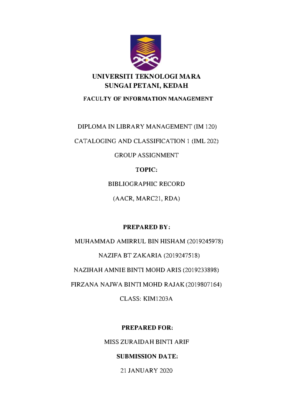 Contoh Group Assignment - IML202 - UNIVERSITI TEKNOLOGI MARA SUNGAI ...