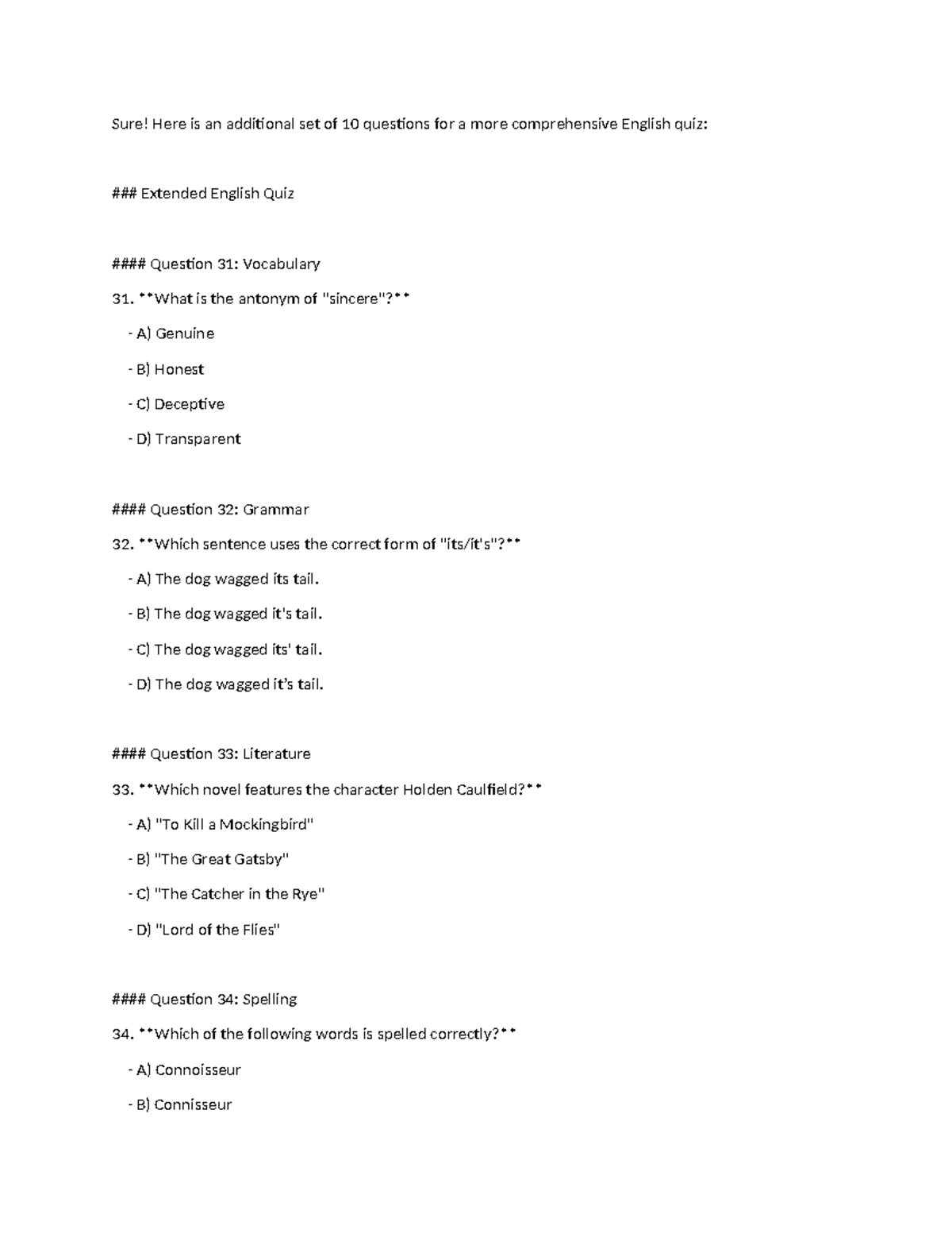 English 1 - Sure! Here is an additional set of 10 questions for a more ...