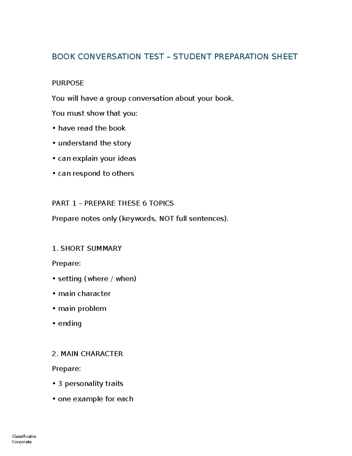 BOOK CONVERSATION TEST PREP SHEET - STUDENT GUIDE - Studeersnel