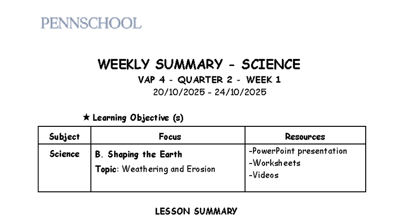 Weekly Summary - VAP 4 - Science - Q2 - W1: Weathering & Erosion - Studocu