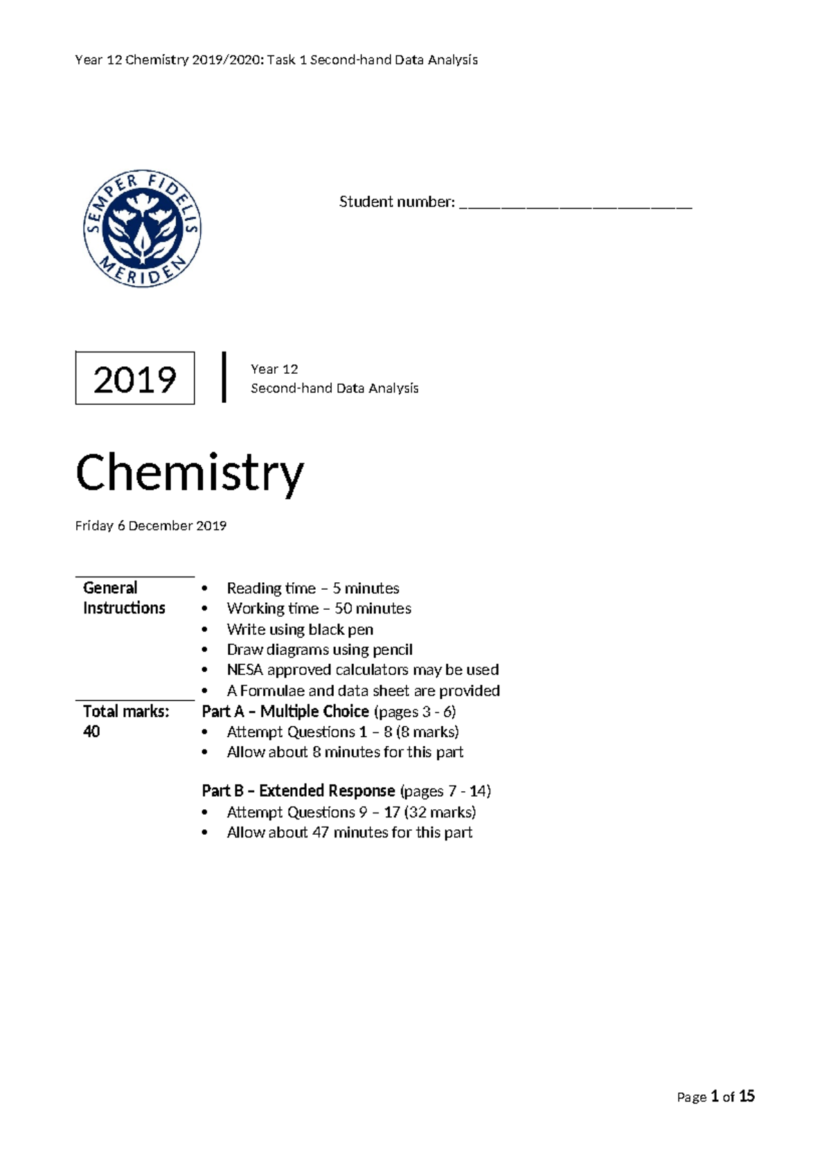 Year 12 Chemistry Mod 5 Task 1 Data Analysis Paper 2019 - Studocu
