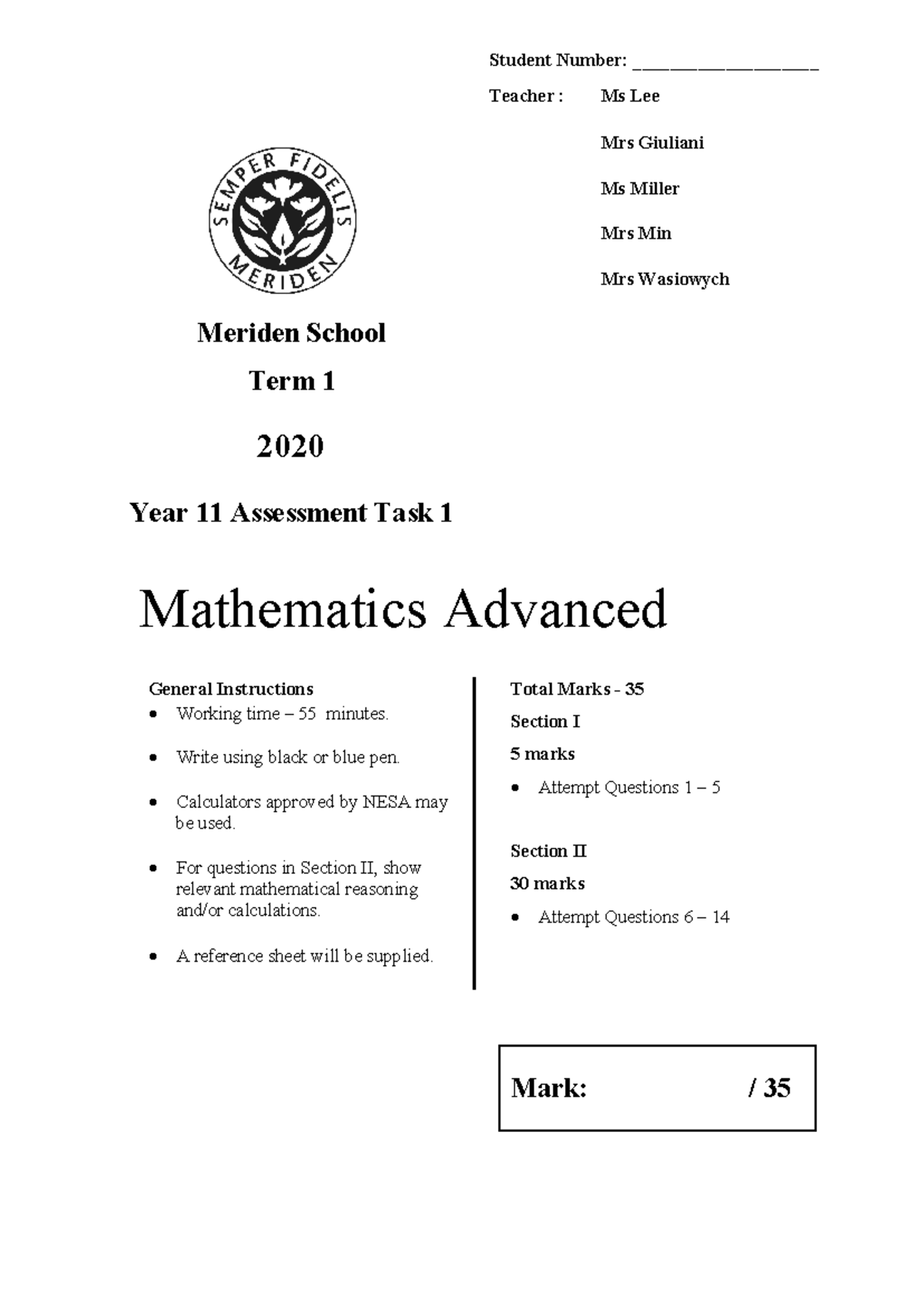 Year 11 Mathematics Advanced Assessment Task 1 - Term 1 2020 - Studocu