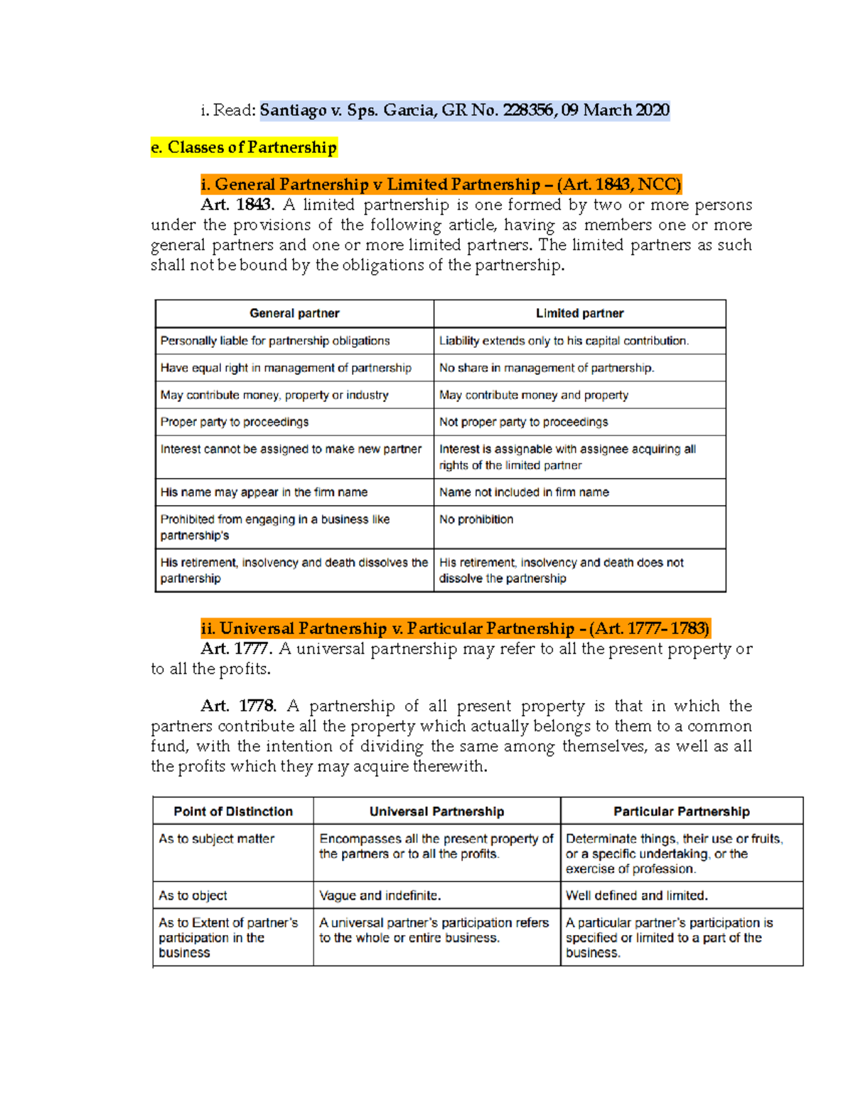 Syllabus for Partnership (P5): Classes of Partnership Overview - Studocu
