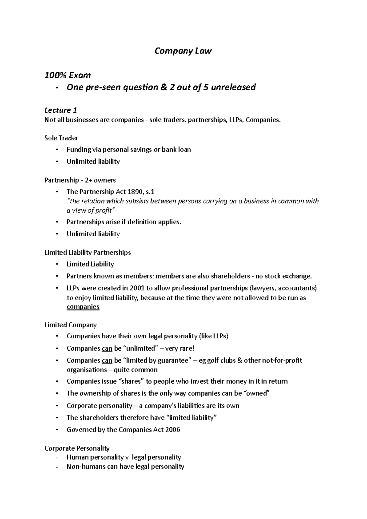 Company Law - Lecture Notes on Corporate Personality and Liability ...