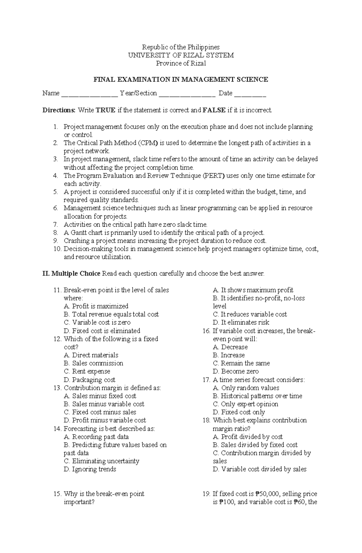 Management Science (MGT 101) Final Exam Review and Practice - Studocu