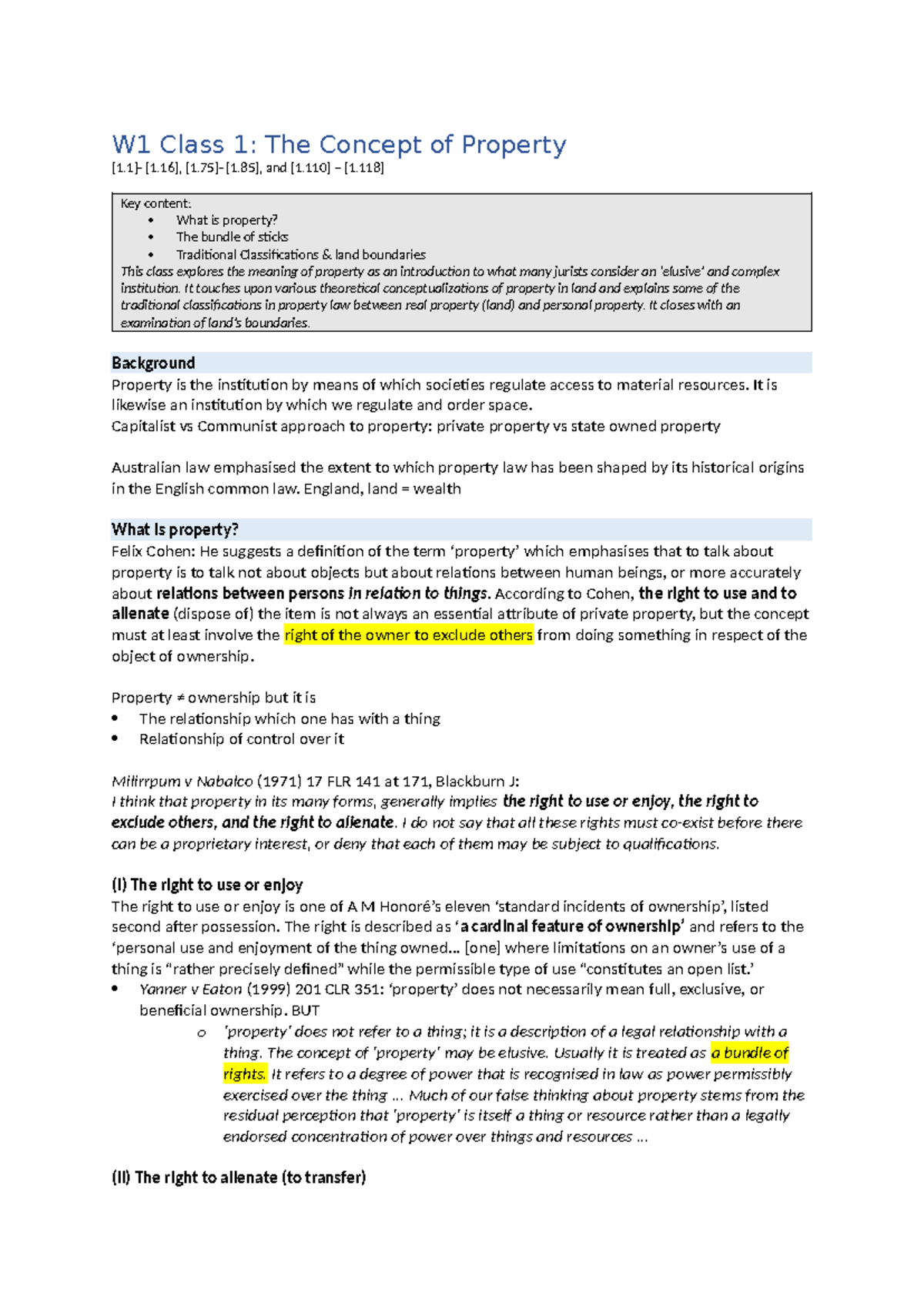 W1 Class Notes: Understanding Property Concepts and Native Title - Studocu