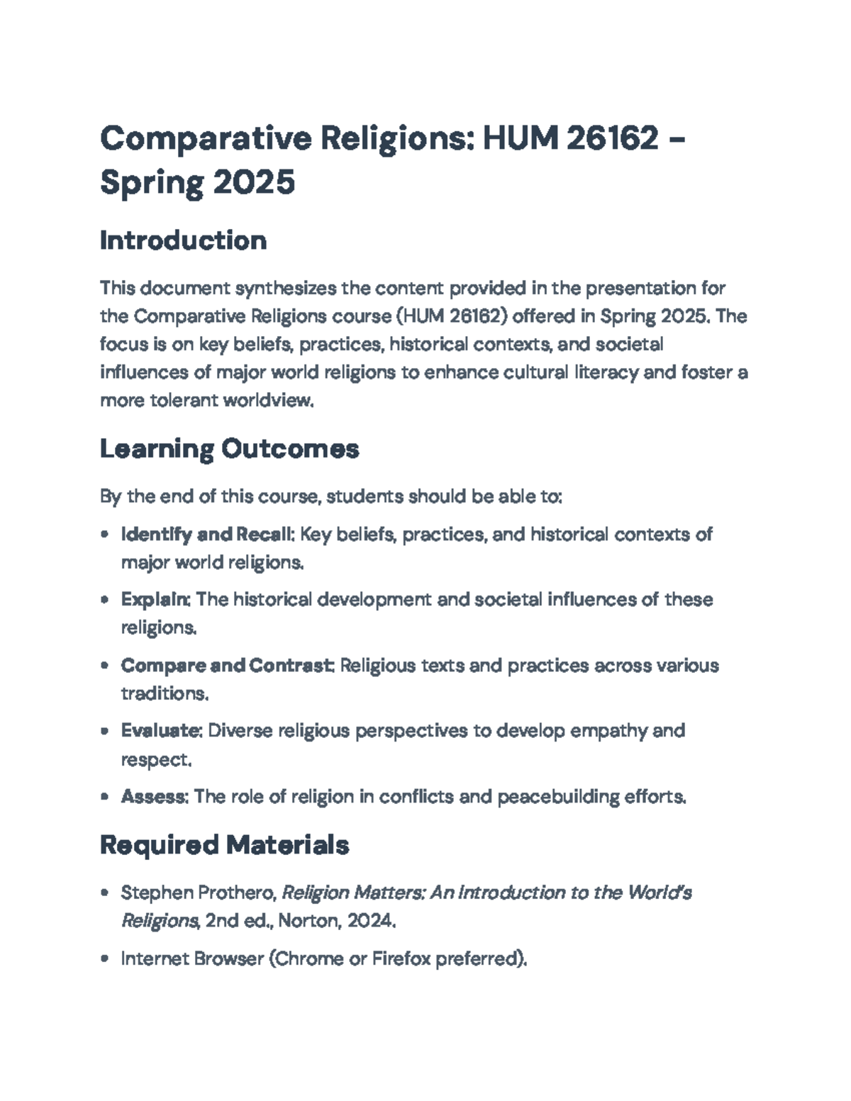 Comparative Religions Syllabus: HUM 26162 - Spring 2025 Overview ...