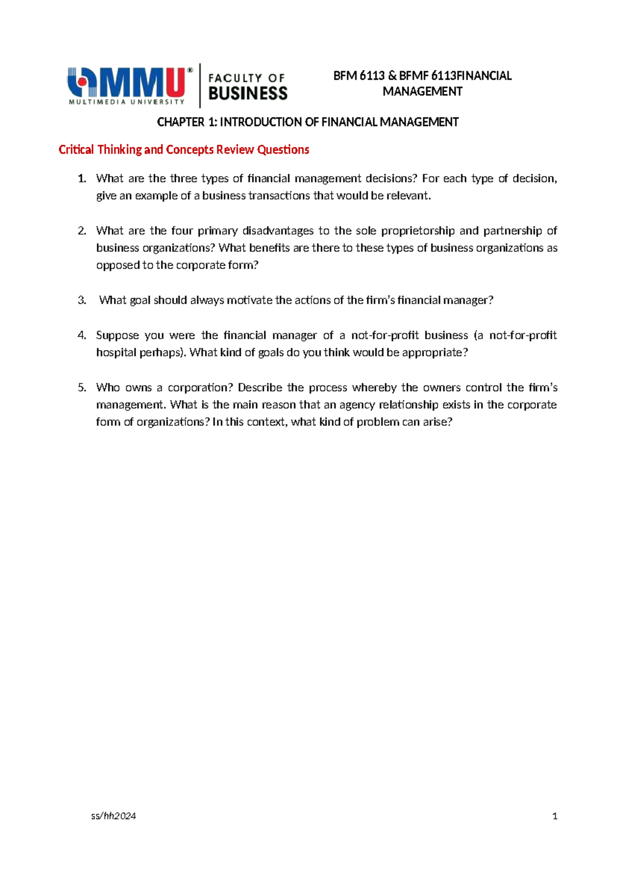 BFM 6113 Financial Management Chapter 1: Intro & Review Questions - Studocu