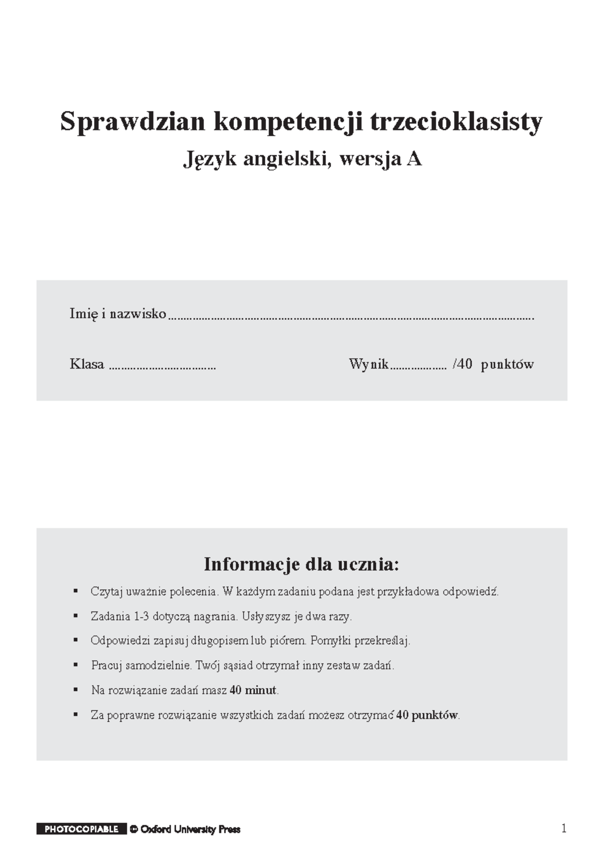 Sprawdzian Z Języka Angielskiego Klasa 3 Szkoła Podstawowa