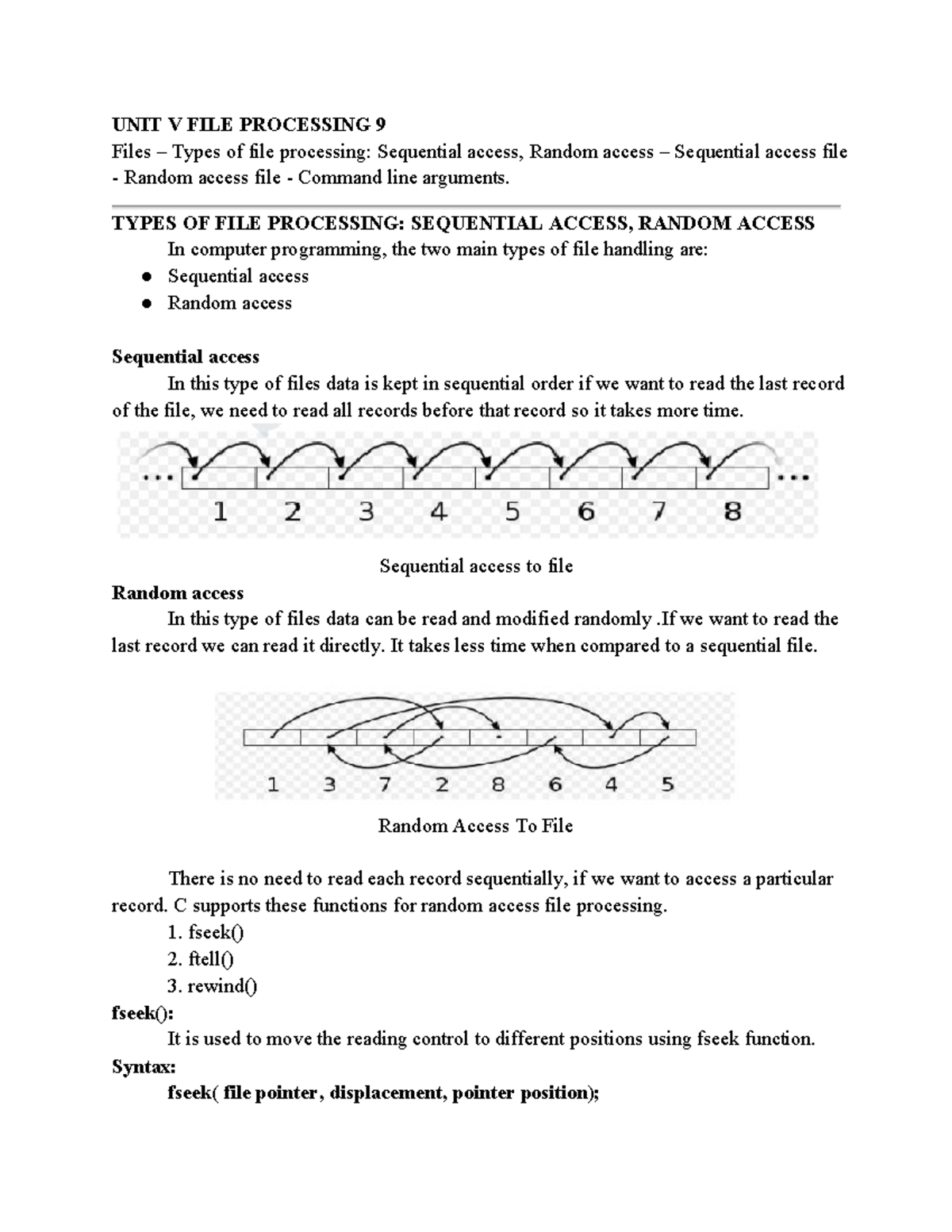 UNIT V FILE PROCESSING: SEQUENTIAL & RANDOM ACCESS FILES - Studocu