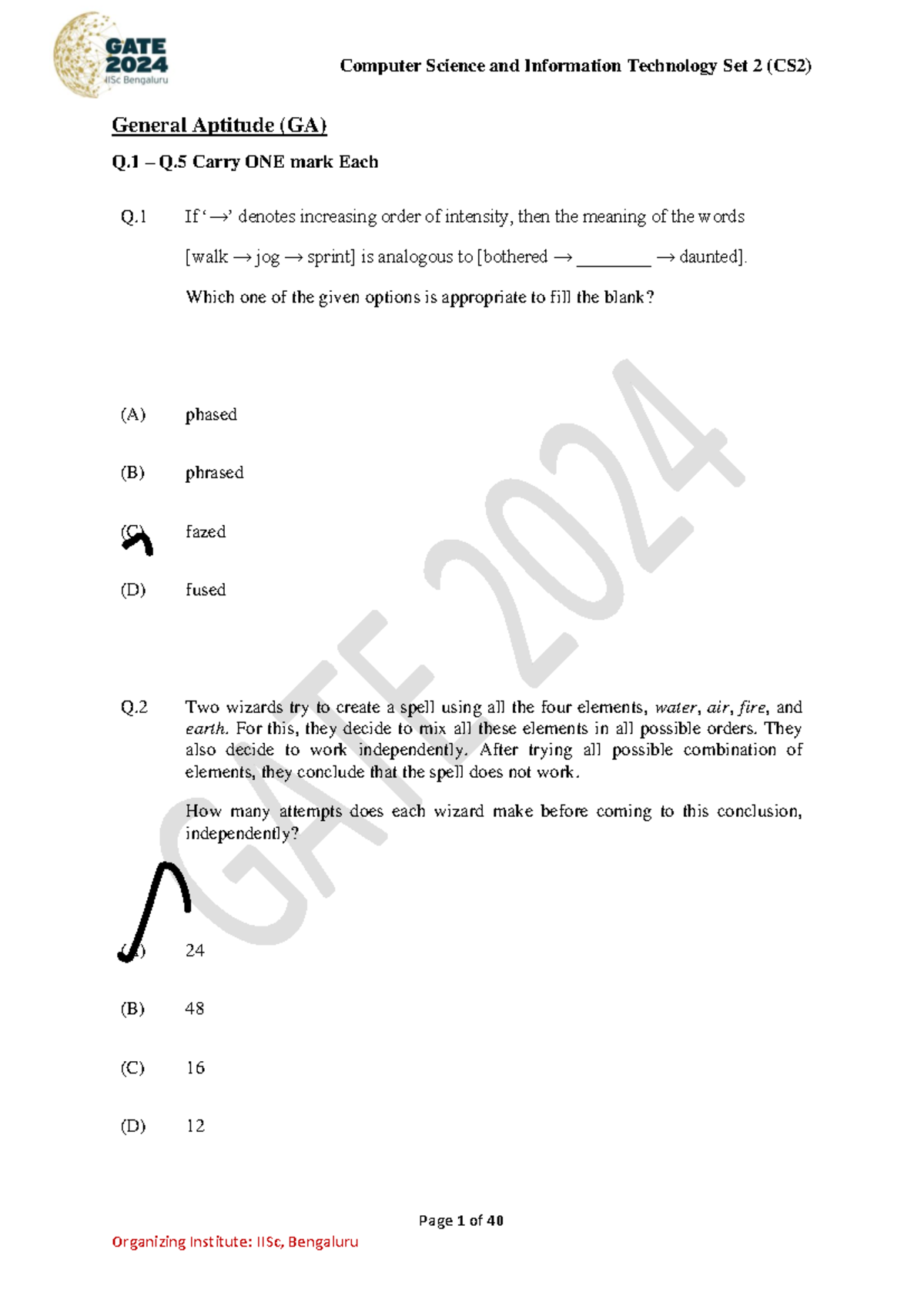GATE 2024 General Aptitude Set 2 Exam Questions and Answers - Studocu