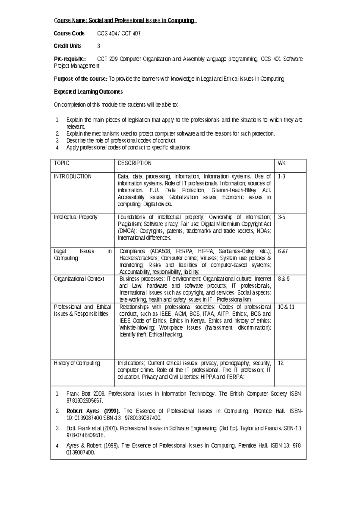 CCS 404 CCT 407 Course Outline: Social & Professional Issues in ...