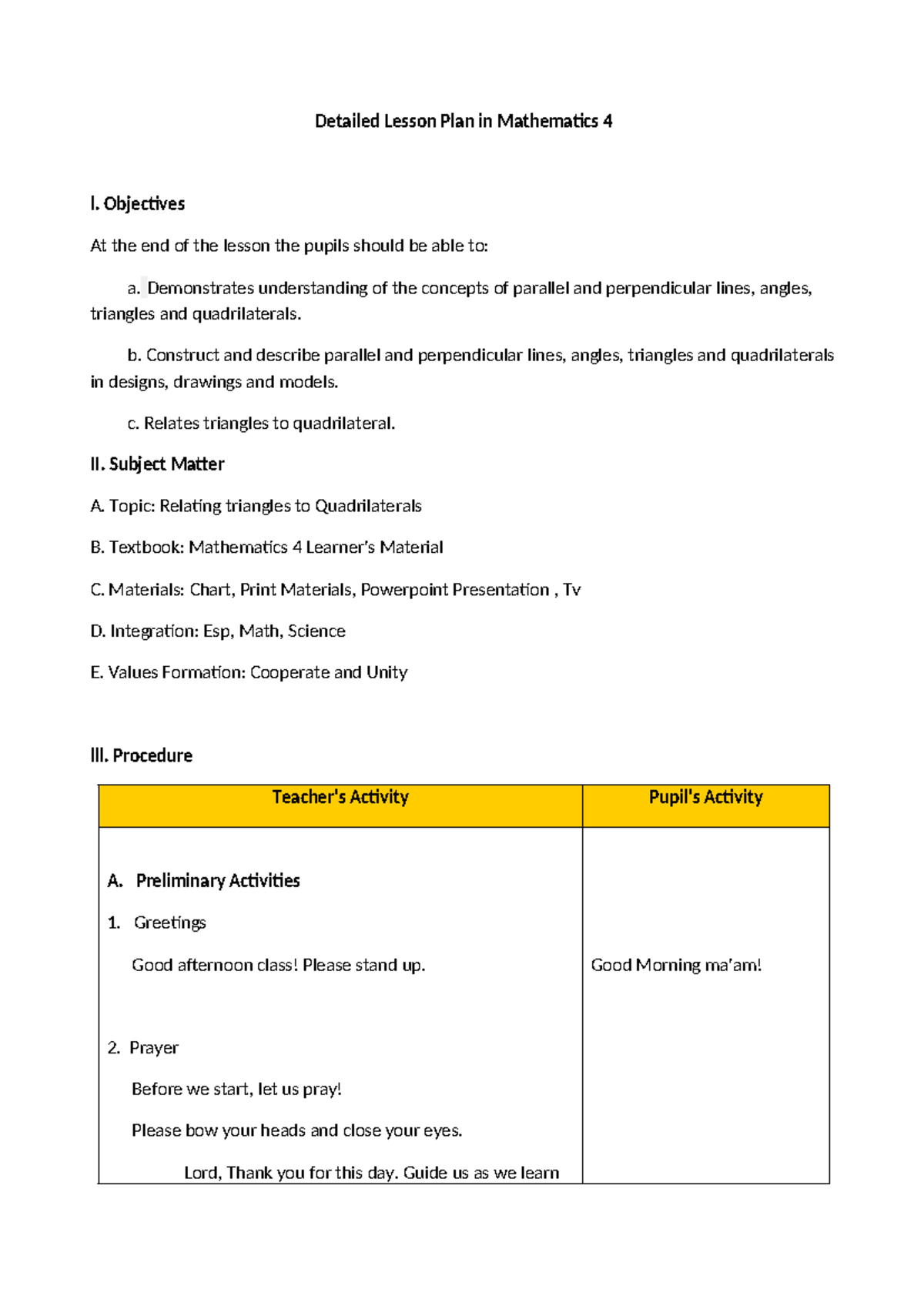 DLP MATH 4: Lesson Plan on Triangles and Quadrilaterals - Studocu