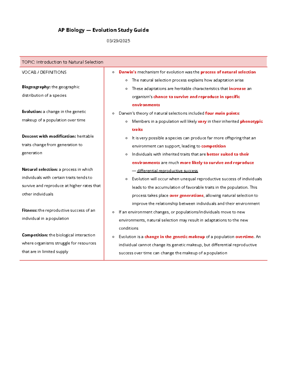 AP Biology (03/29/2025) Evolution Study Guide: Natural Selection ...