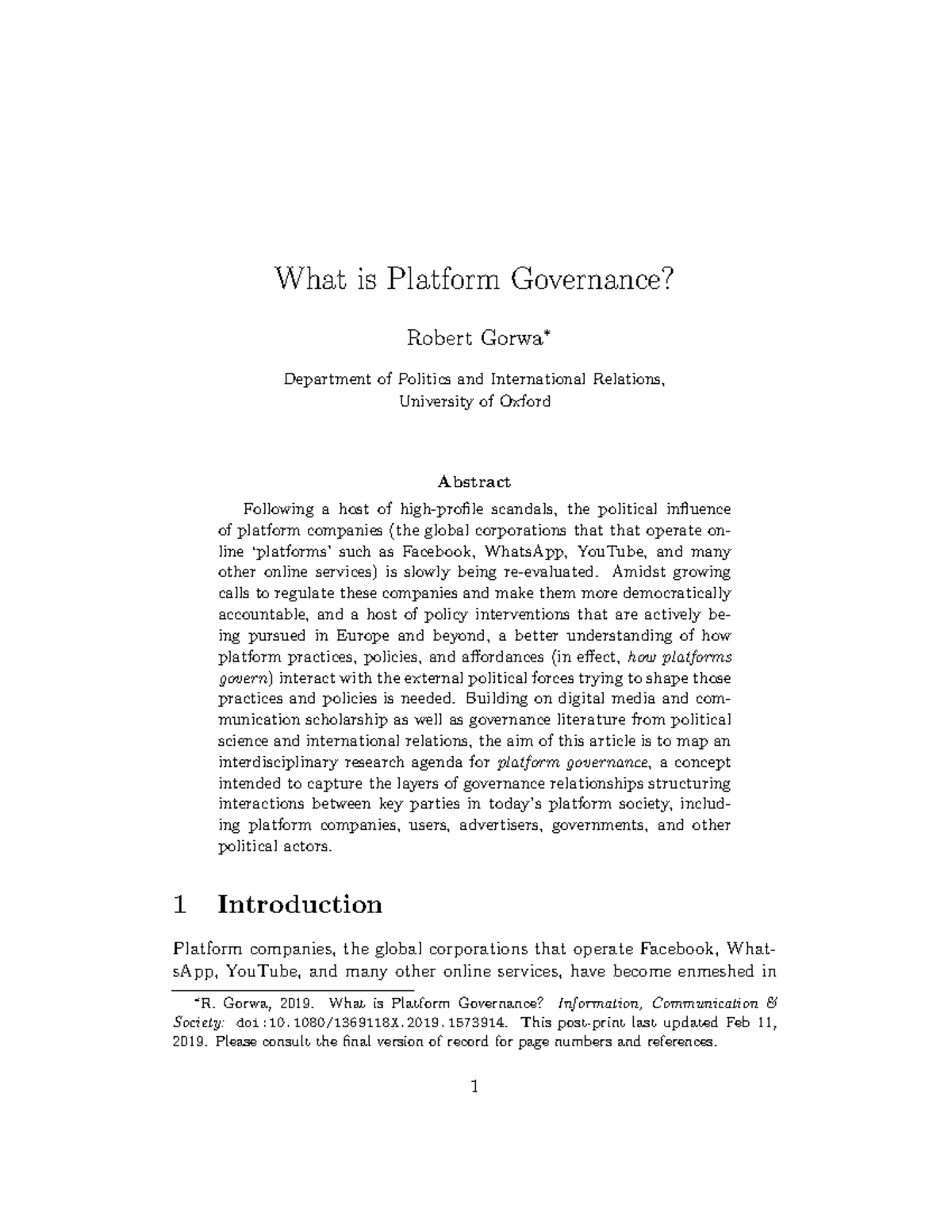 Platform Governance: Understanding the Political Influence of Tech ...