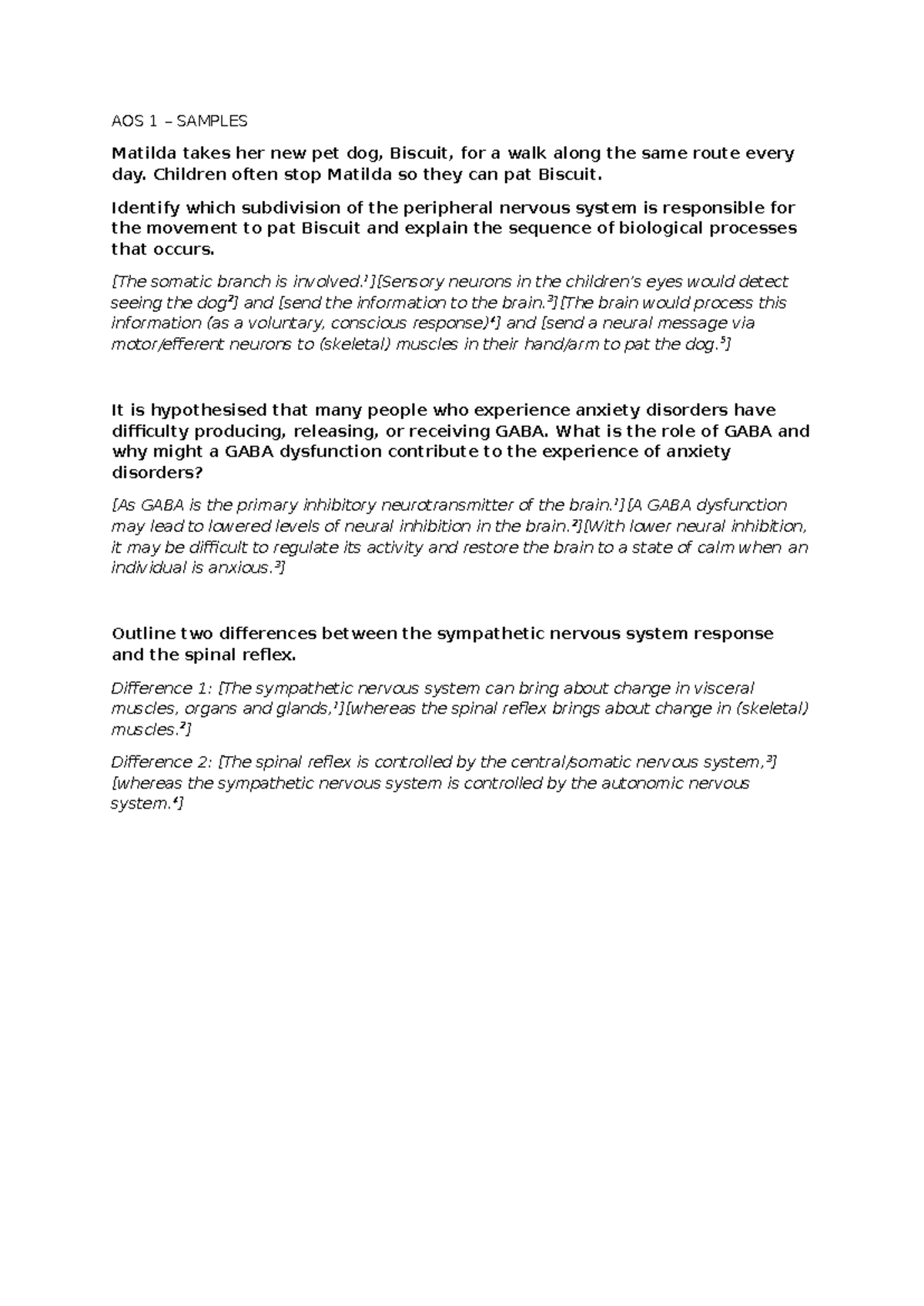 AOS 1 Psychology Sample Answers: Nervous System & GABA Functions - Studocu