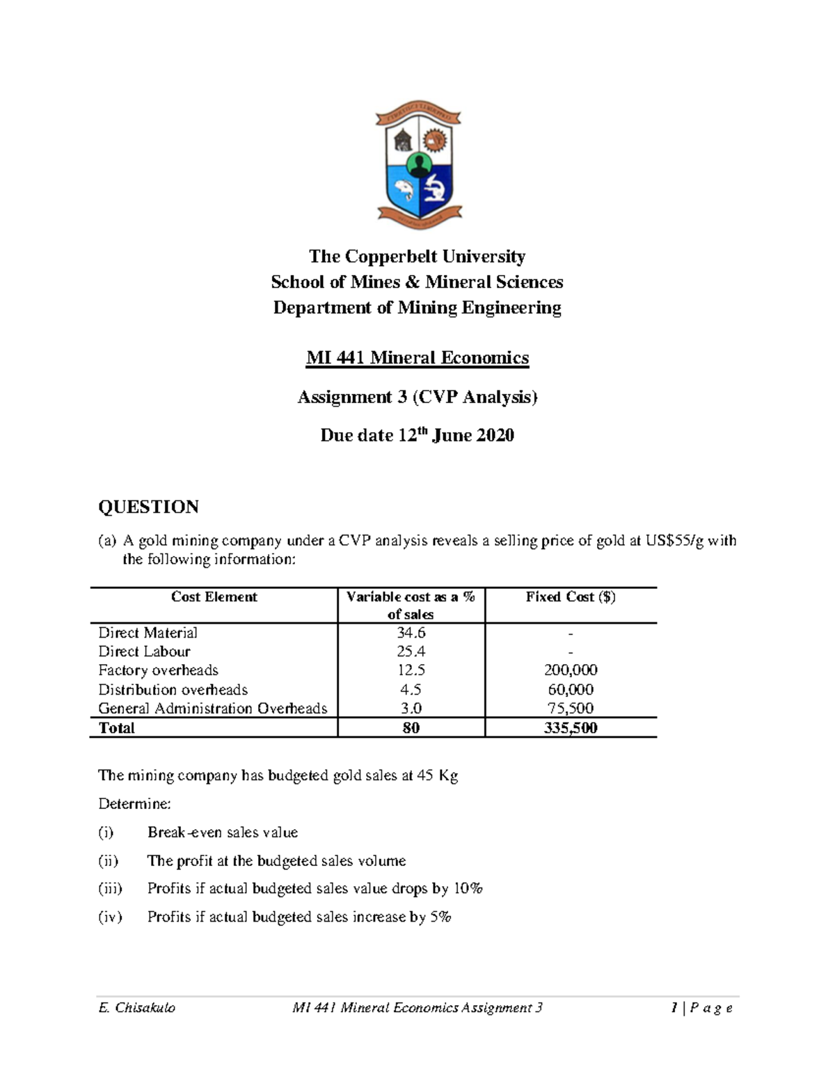 MI441 Assignment 03: CVP Analysis of Gold Mining Company - Studocu