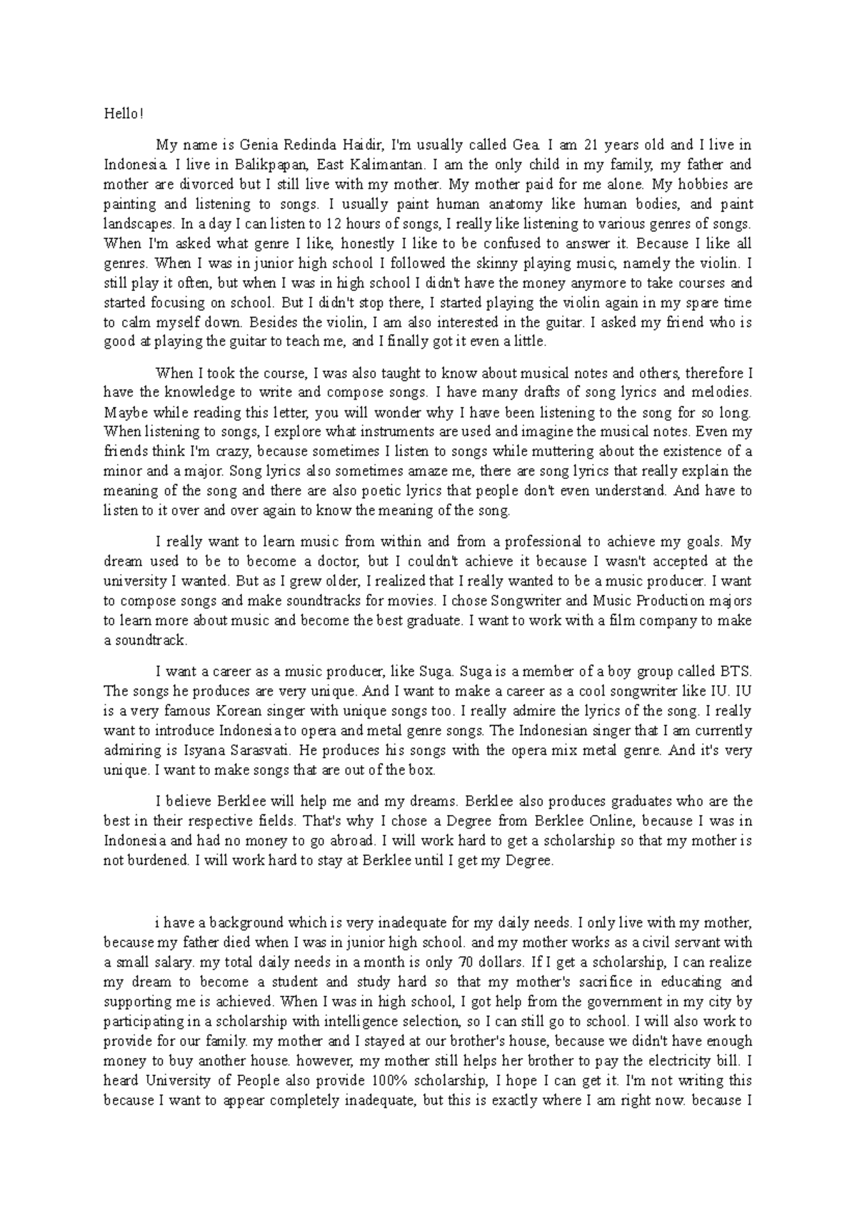 Personal Statement - Genia Redinda Haidir for Music Production - Studocu