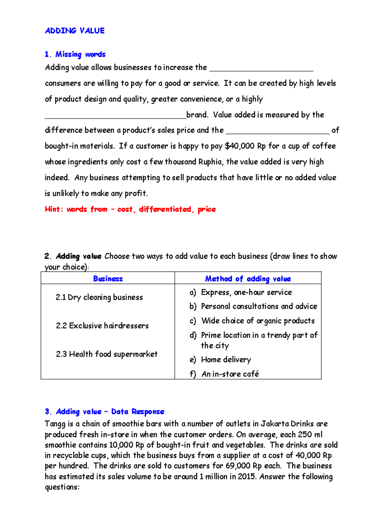 Adding Value Worksheet: Business Strategies and Calculations - Studocu