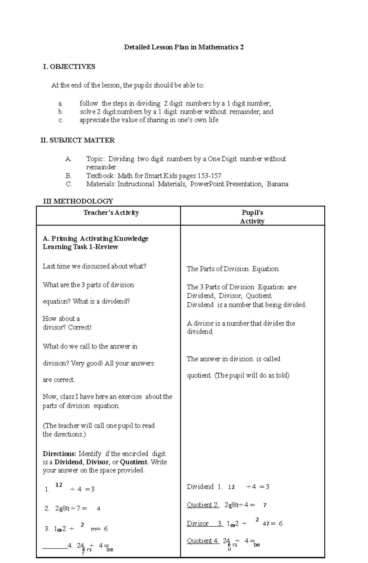 Mathematics 2: Detailed Lesson Plan on Division Without Remainder - Studocu